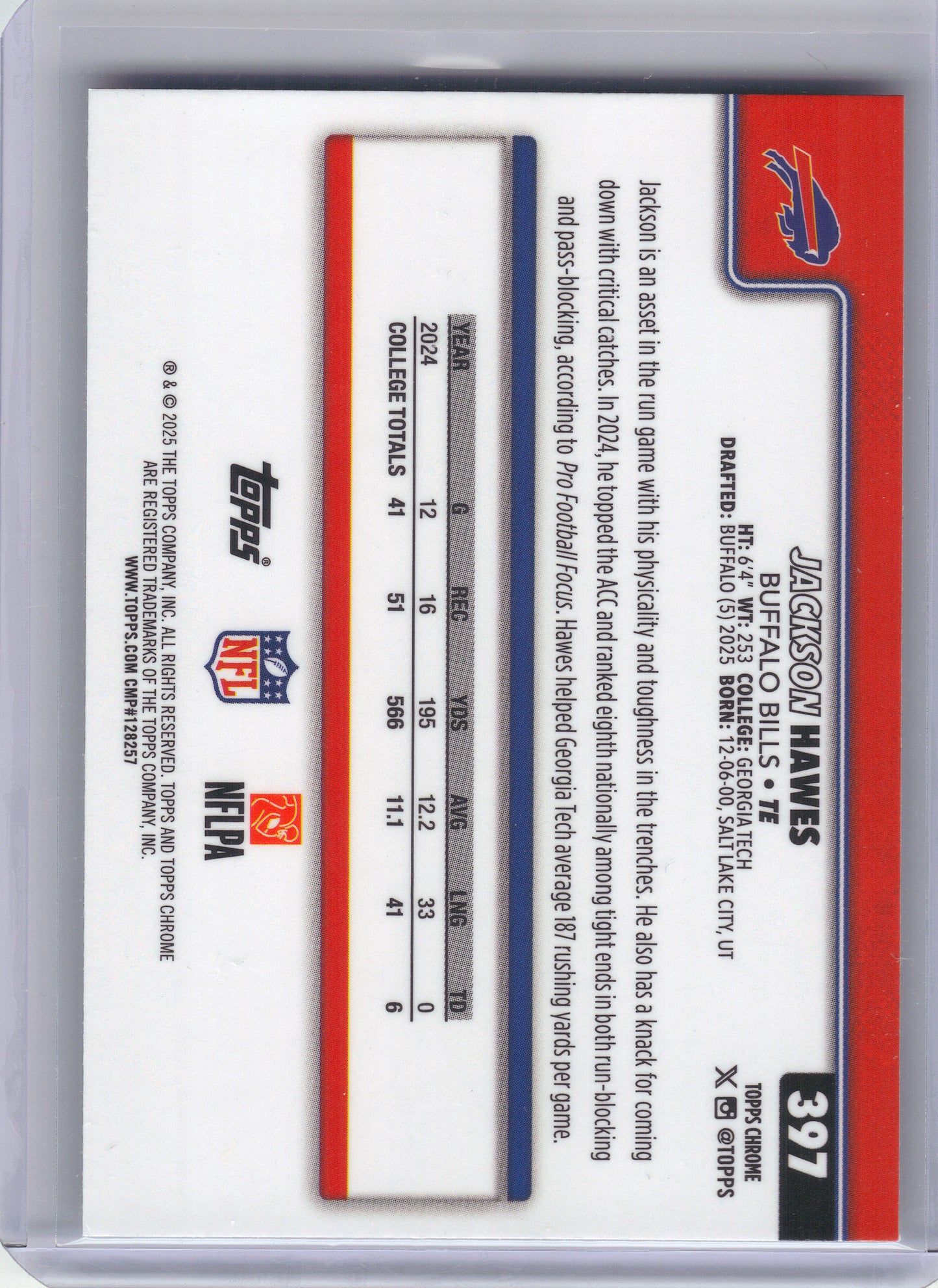 2025 Topps Chrome #397 Jackson Hawes X-Fractor Buffalo Bills RC