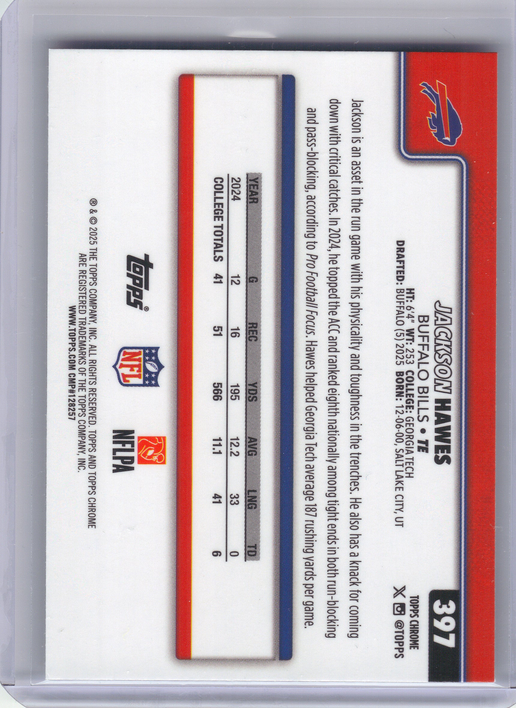 2025 Topps Chrome #397 Jackson Hawes X-Fractor Buffalo Bills RC