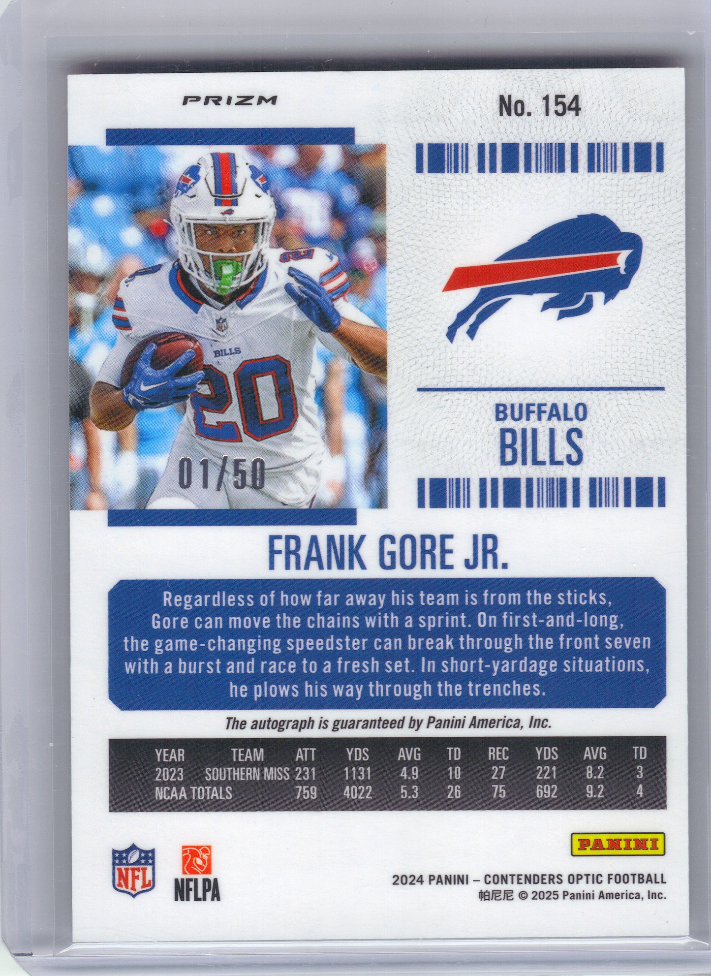 2024 Panini Contenders Optic #154 Frank Gore Jr. Orange First of the Print 01/50 Buffalo Bills SN,RC,AU