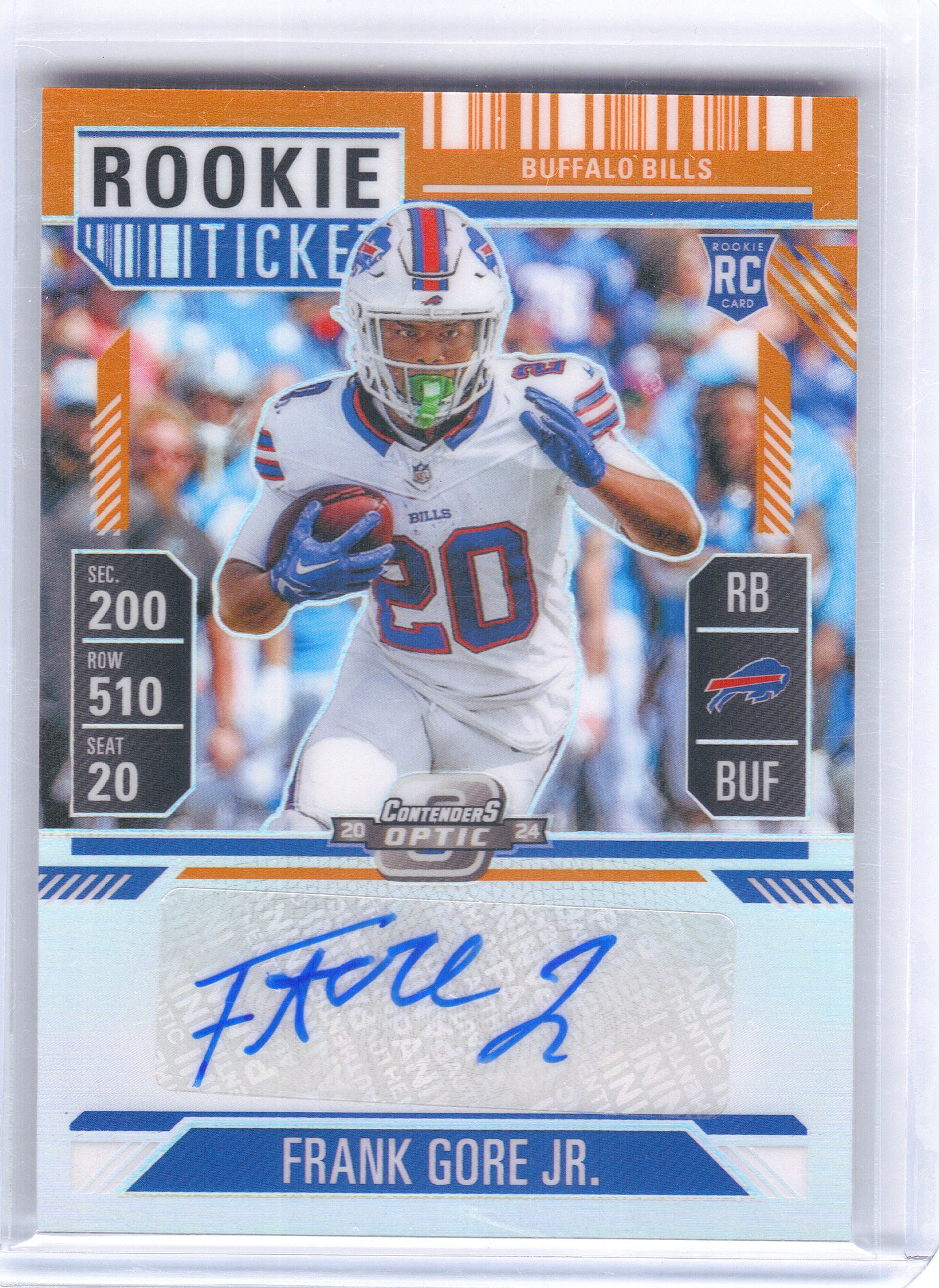2024 Panini Contenders Optic #154 Frank Gore Jr. Orange First of the Print 01/50 Buffalo Bills SN,RC,AU
