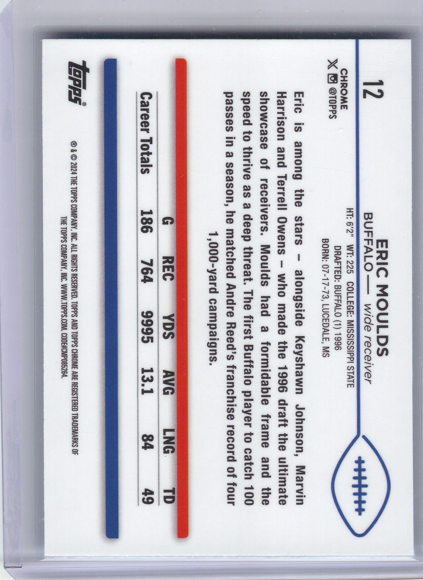 2024 Topps Chrome #12 Eric Moulds Aqua Refractor #/199 Buffalo Bills SN