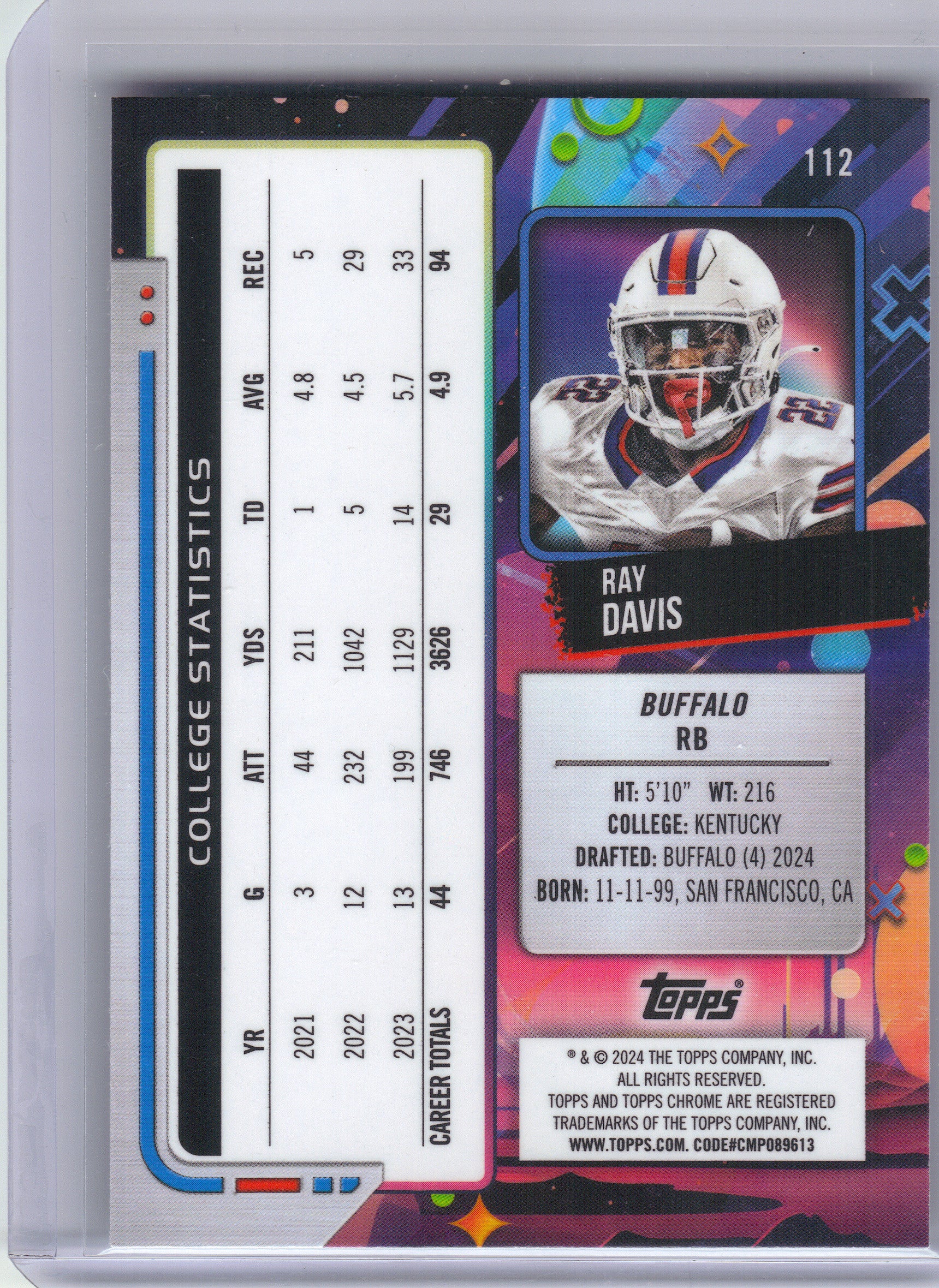 2024 Topps Chrome Cosmic #112 Ray Davis White Hole Refractors Buffalo Bills