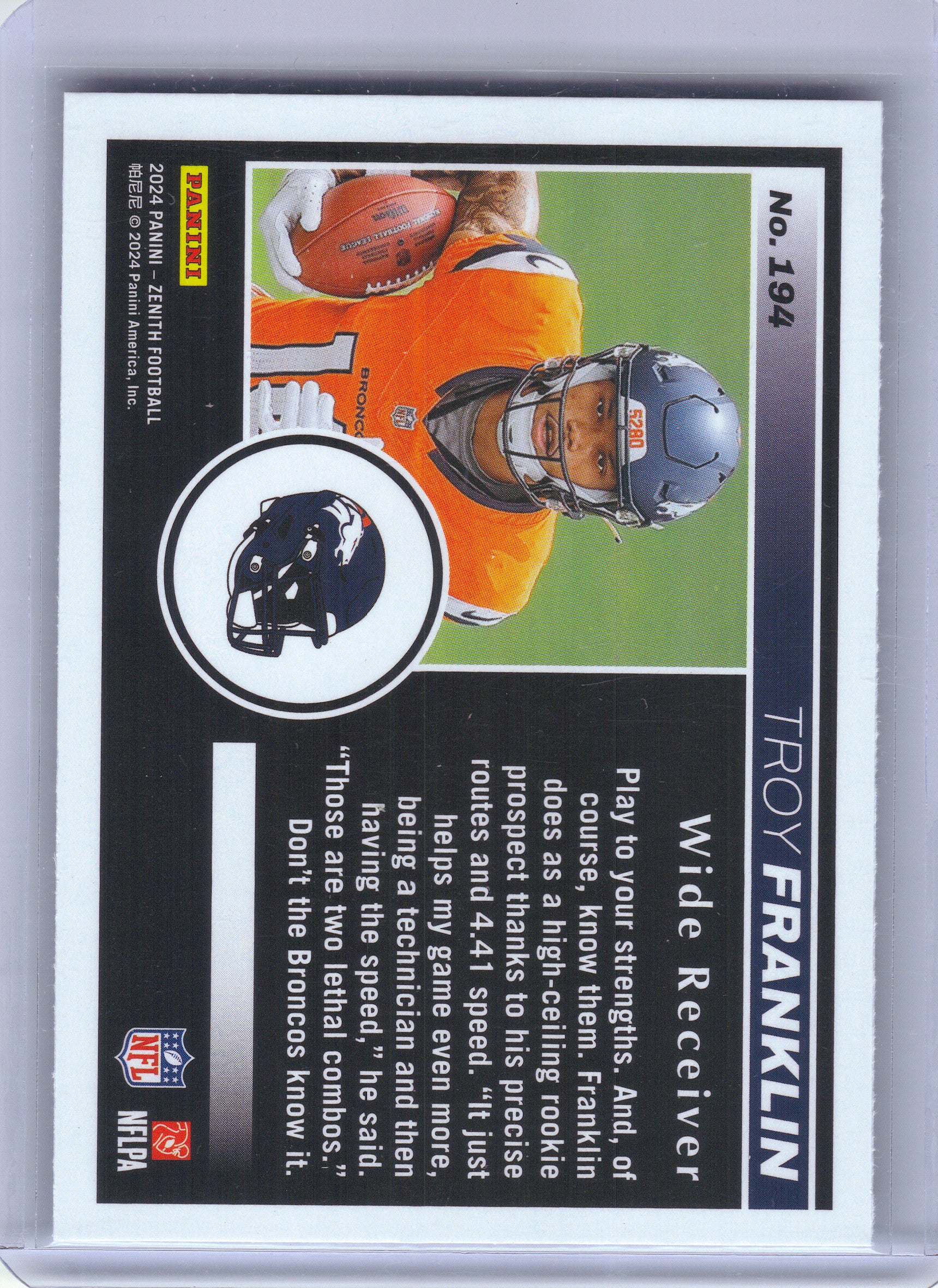 2024 Panini Zenith #194 Troy Franklin Two Minute Drill Denver Broncos RC
