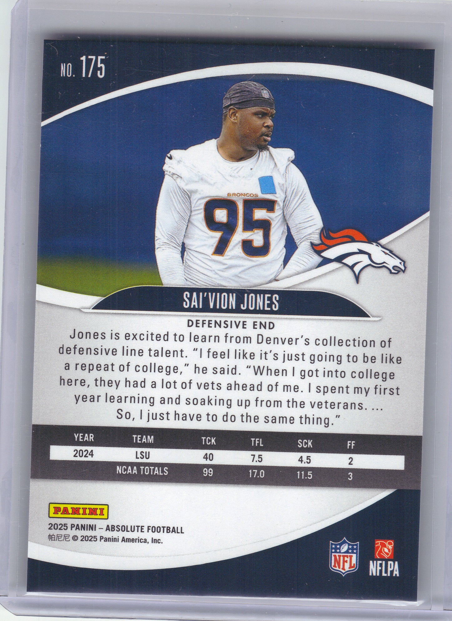 2025 Panini Absolute #175 Sai'vion Jones Red, White and Blue Kaleidoscope Denver Broncos RC