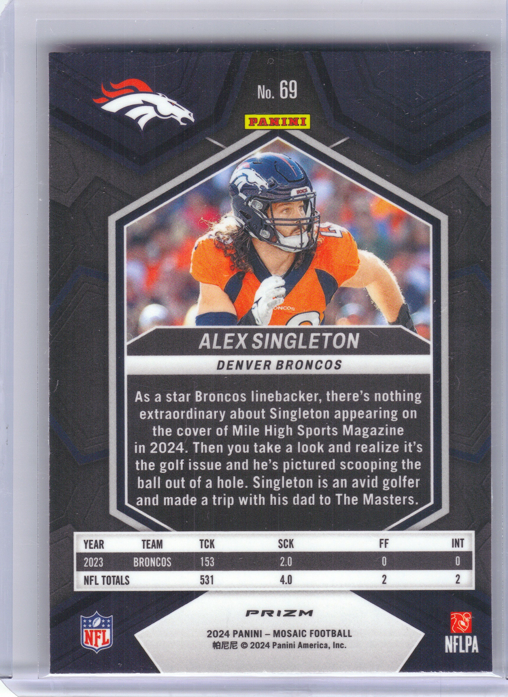 2024 Panini Mosaic #69 Alex Singleton Mosaic Camo Pink Denver Broncos