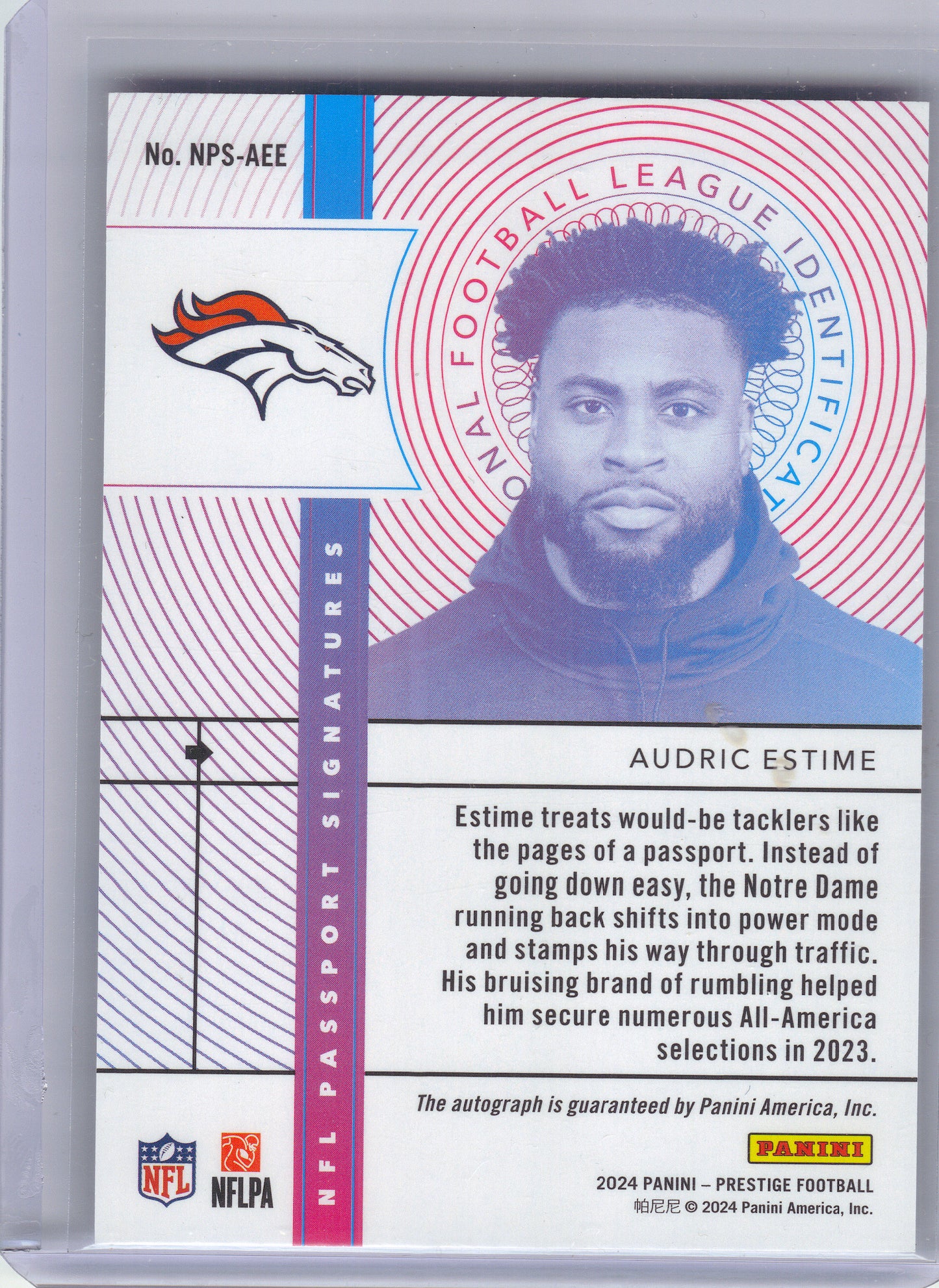 2024 Panini Prestige #NPS-AEE Audric Estime NFL Passport Signatures Denver Broncos AU
