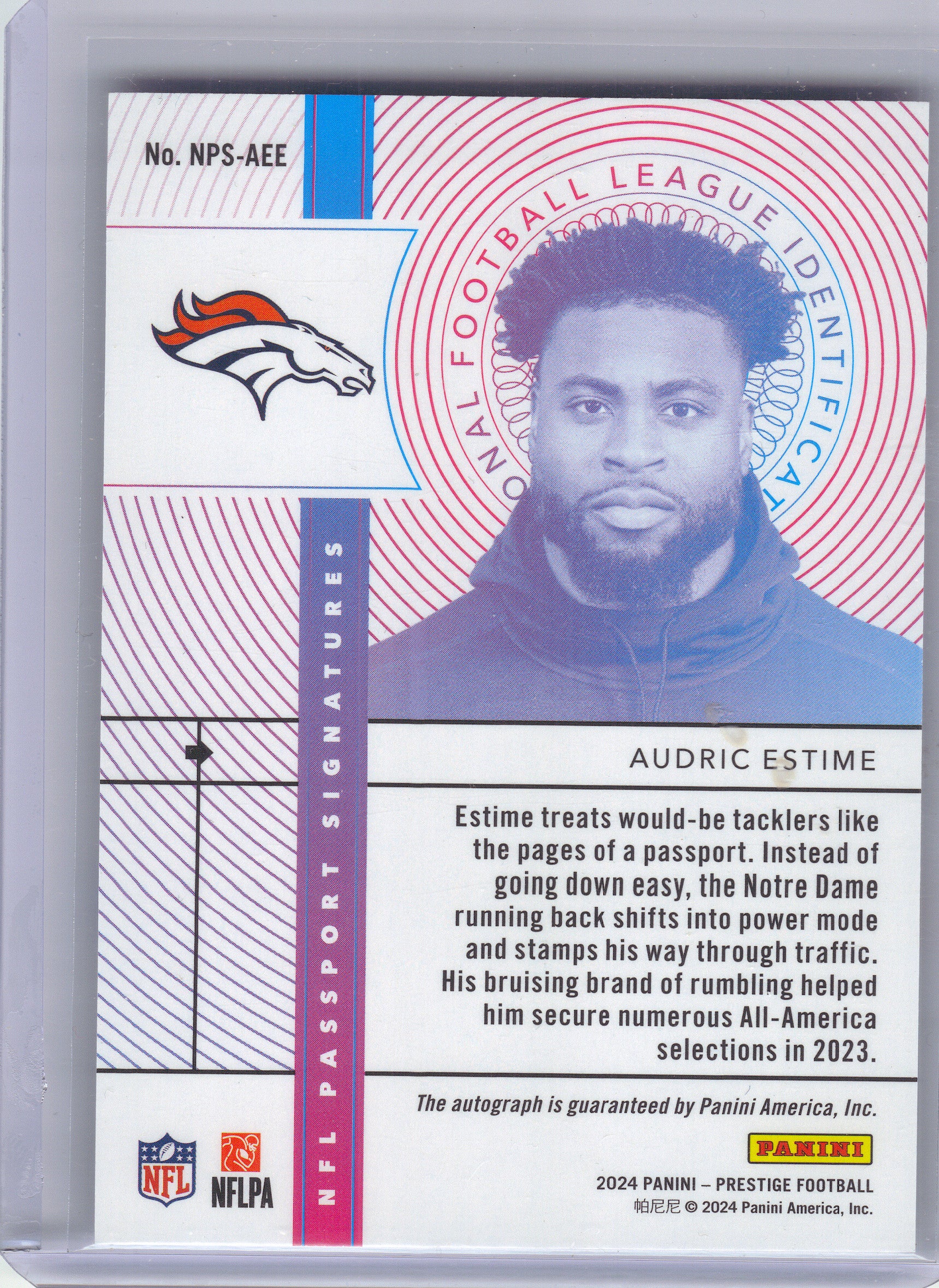 2024 Panini Prestige #NPS-AEE Audric Estime NFL Passport Signatures Denver Broncos AU