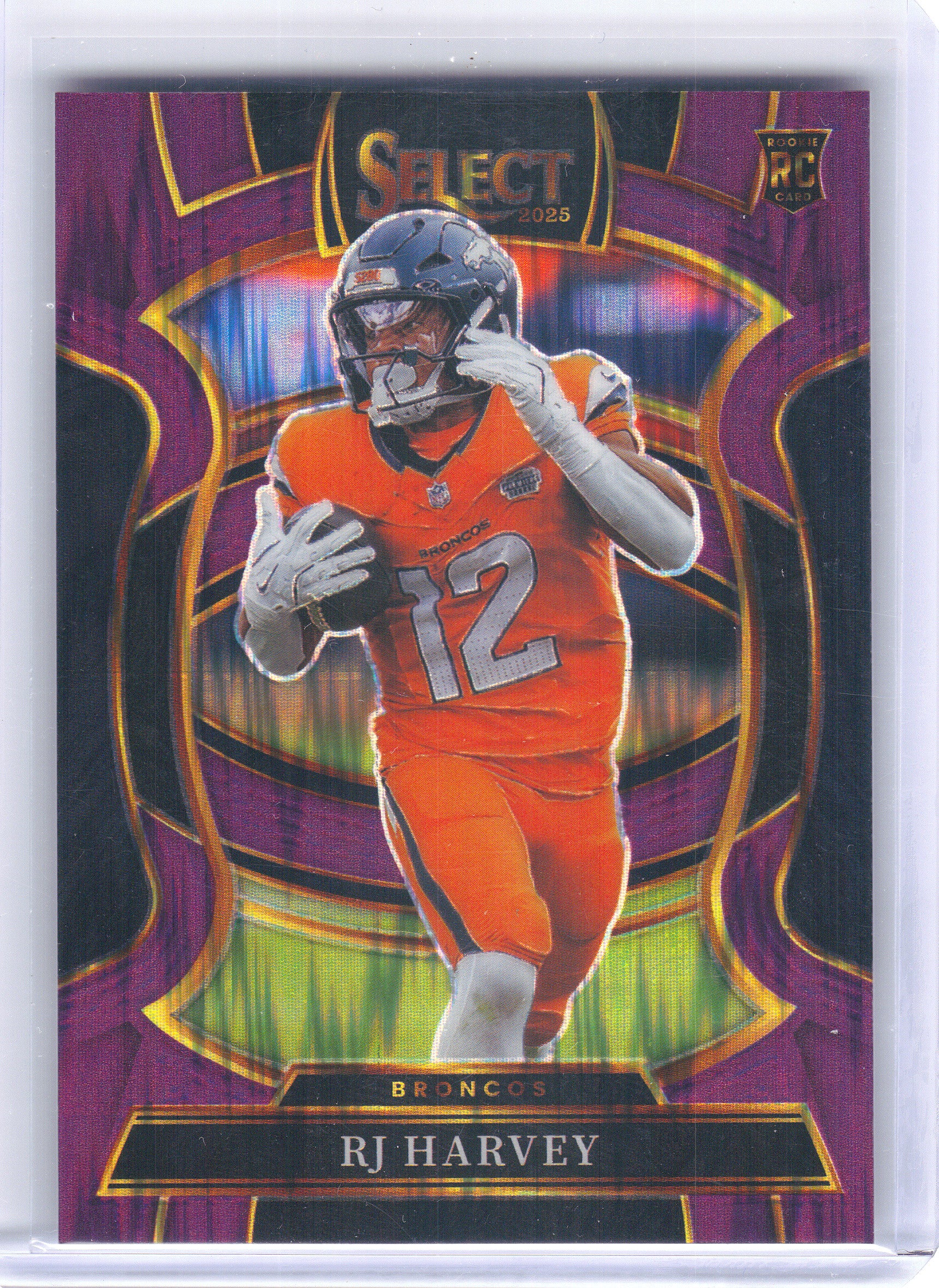 2025 Panini Select #10 RJ Harvey Purple Prizm Shock #/699 Denver Broncos SN