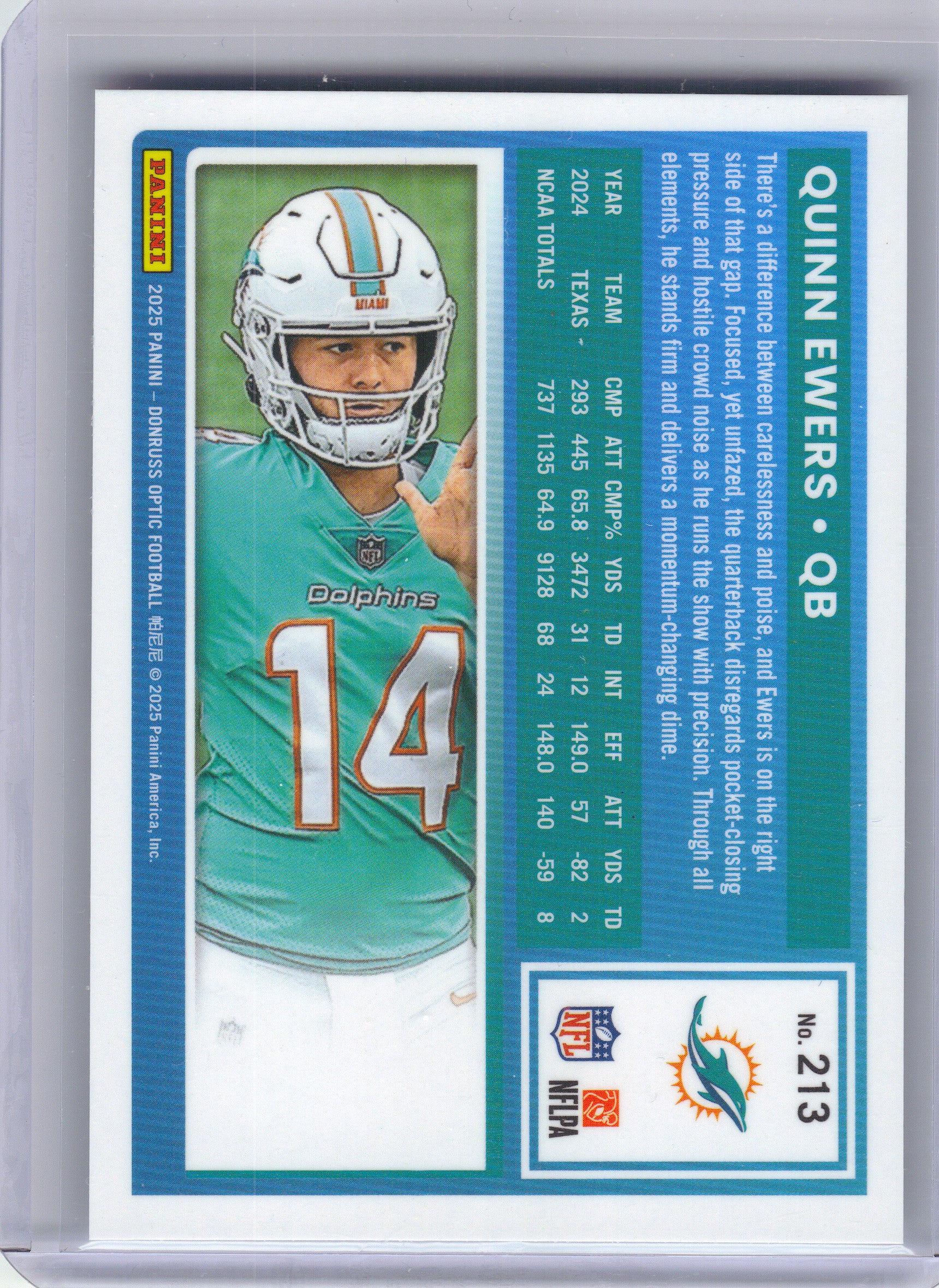 2025 Donruss #342 Quinn Ewers Miami Dolphins RC