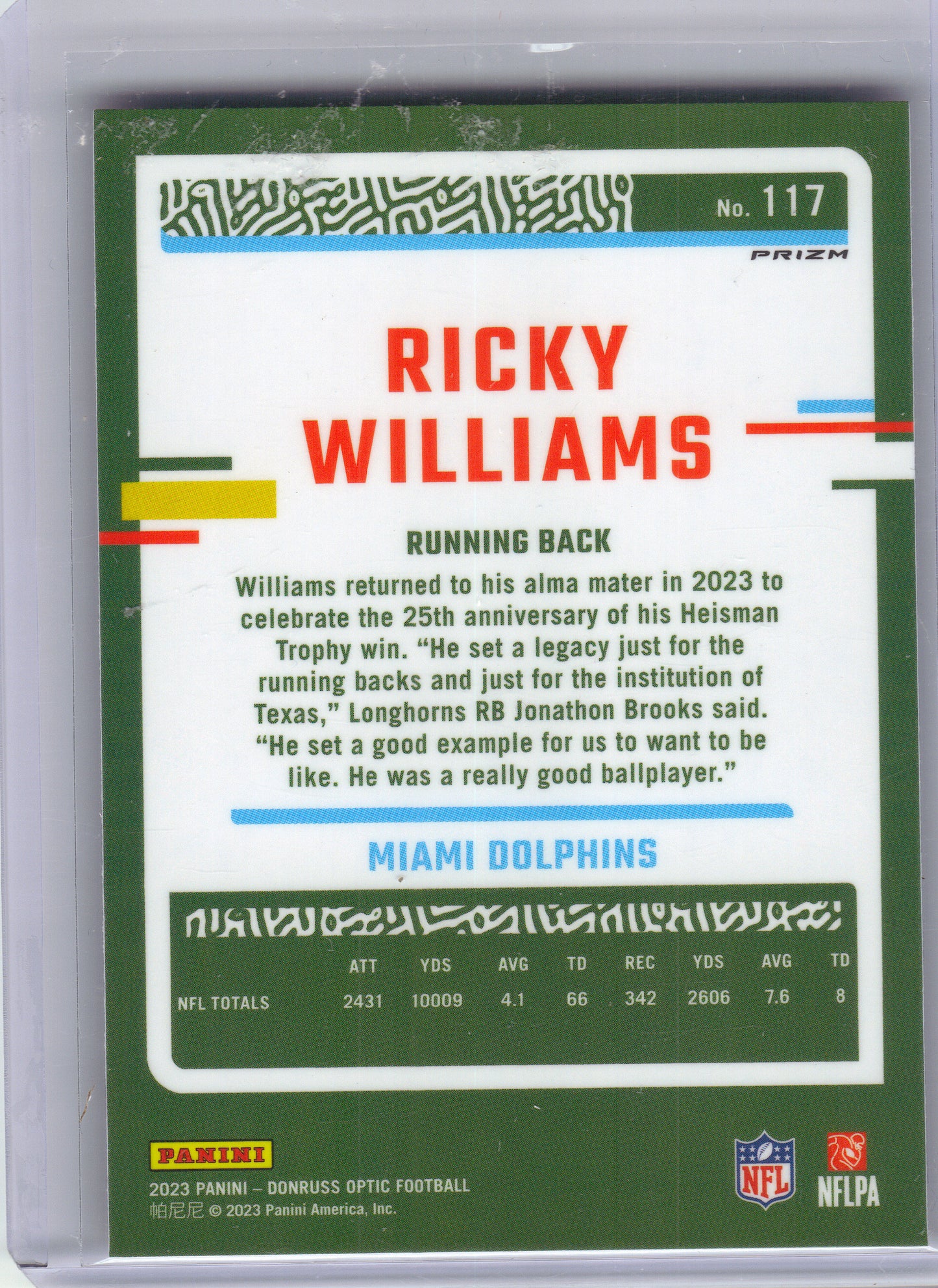 2023 Donruss Optic #117 Ricky Williams Flex #/149 Miami Dolphins SN