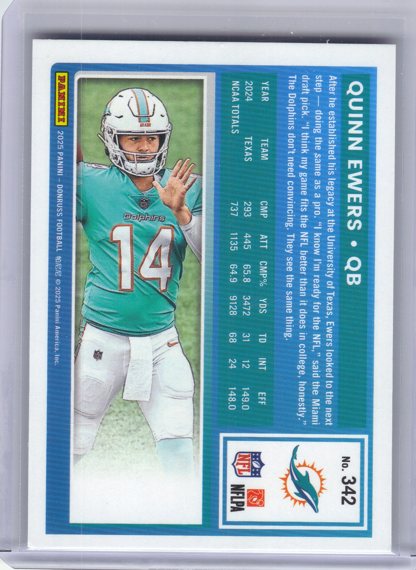 2025 Donruss #342 Quinn Ewers x Miami Dolphins RC
