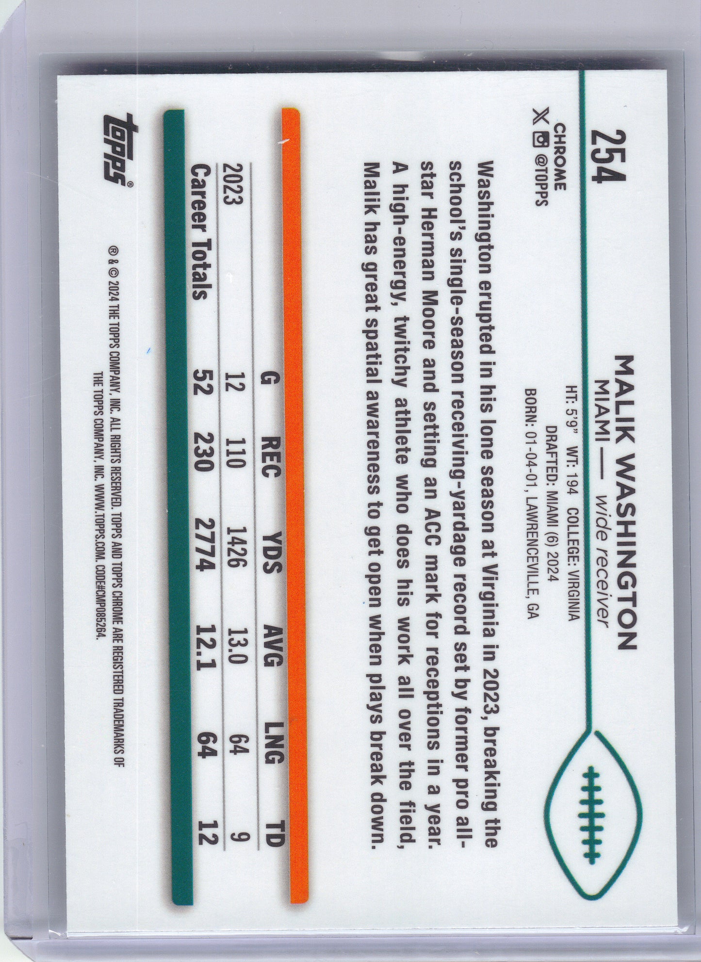2024 Topps Chrome #254 Malik Washington X-Fractor Miami Dolphins RC