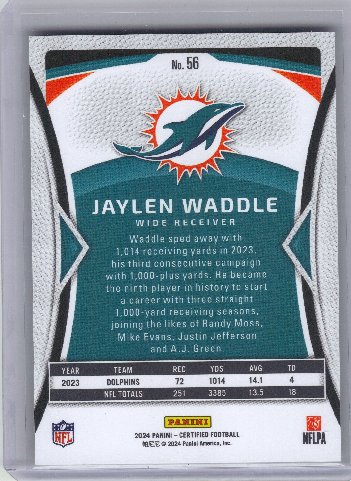 2024 Panini Certified #56 Jaylen Waddle Mirror #/349 Miami Dolphins SN