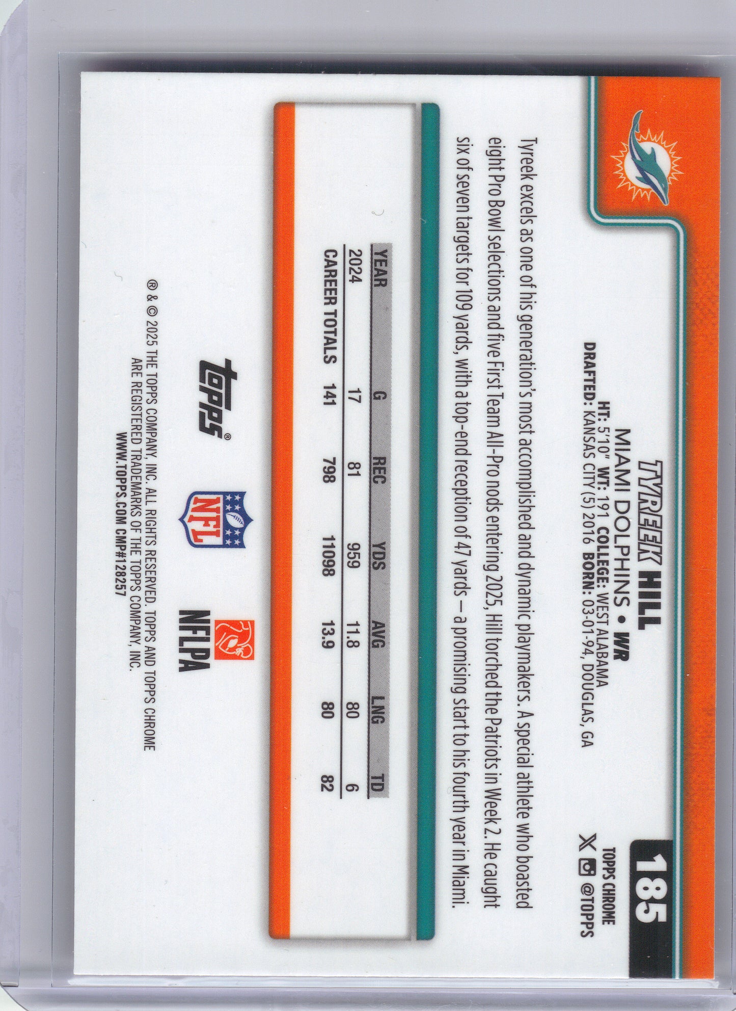 2025 Topps Chrome #185 Tyreek Hill Hot Pink X-Fractor Miami Dolphins