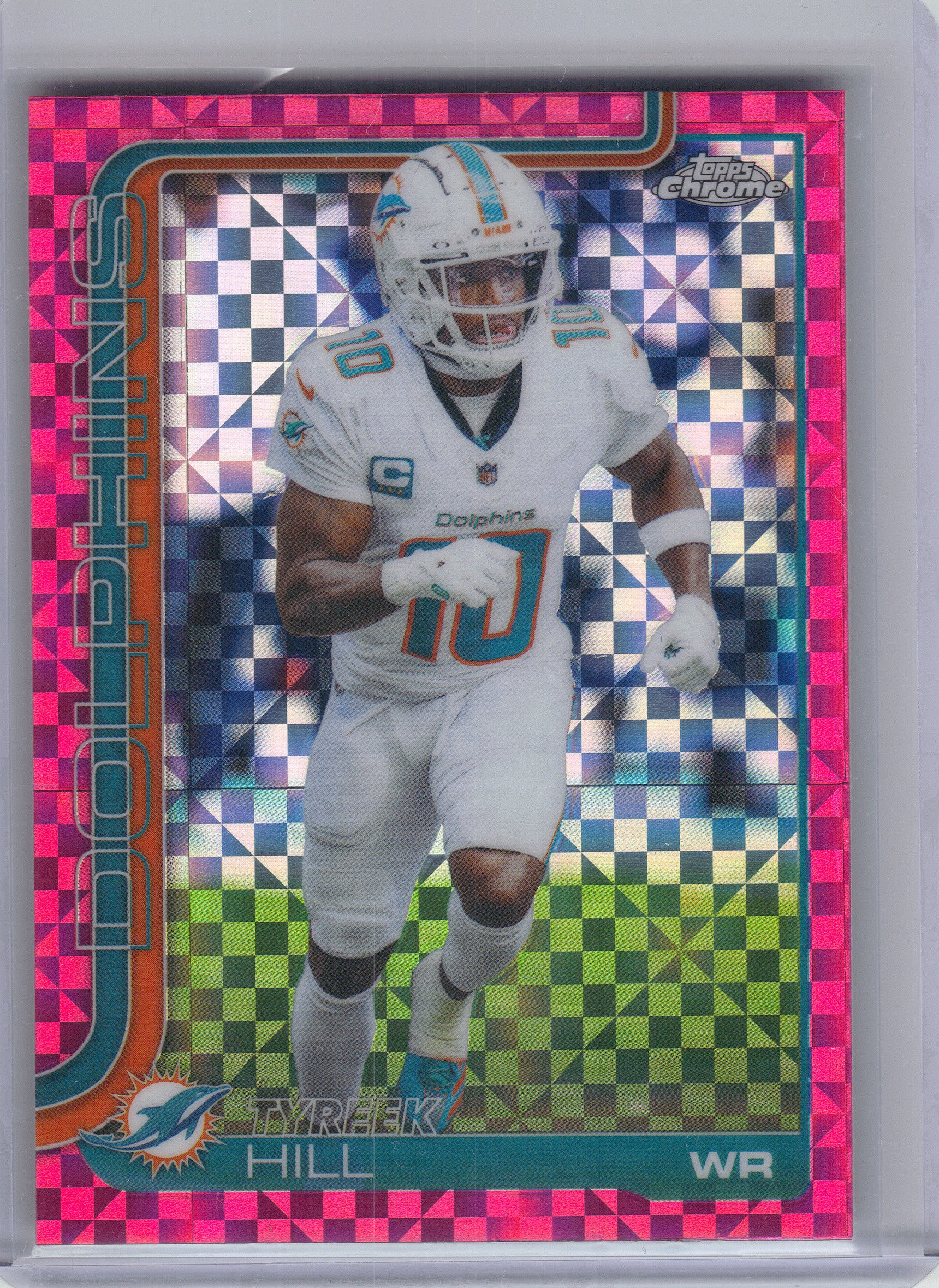 2025 Topps Chrome #185 Tyreek Hill Hot Pink X-Fractor Miami Dolphins