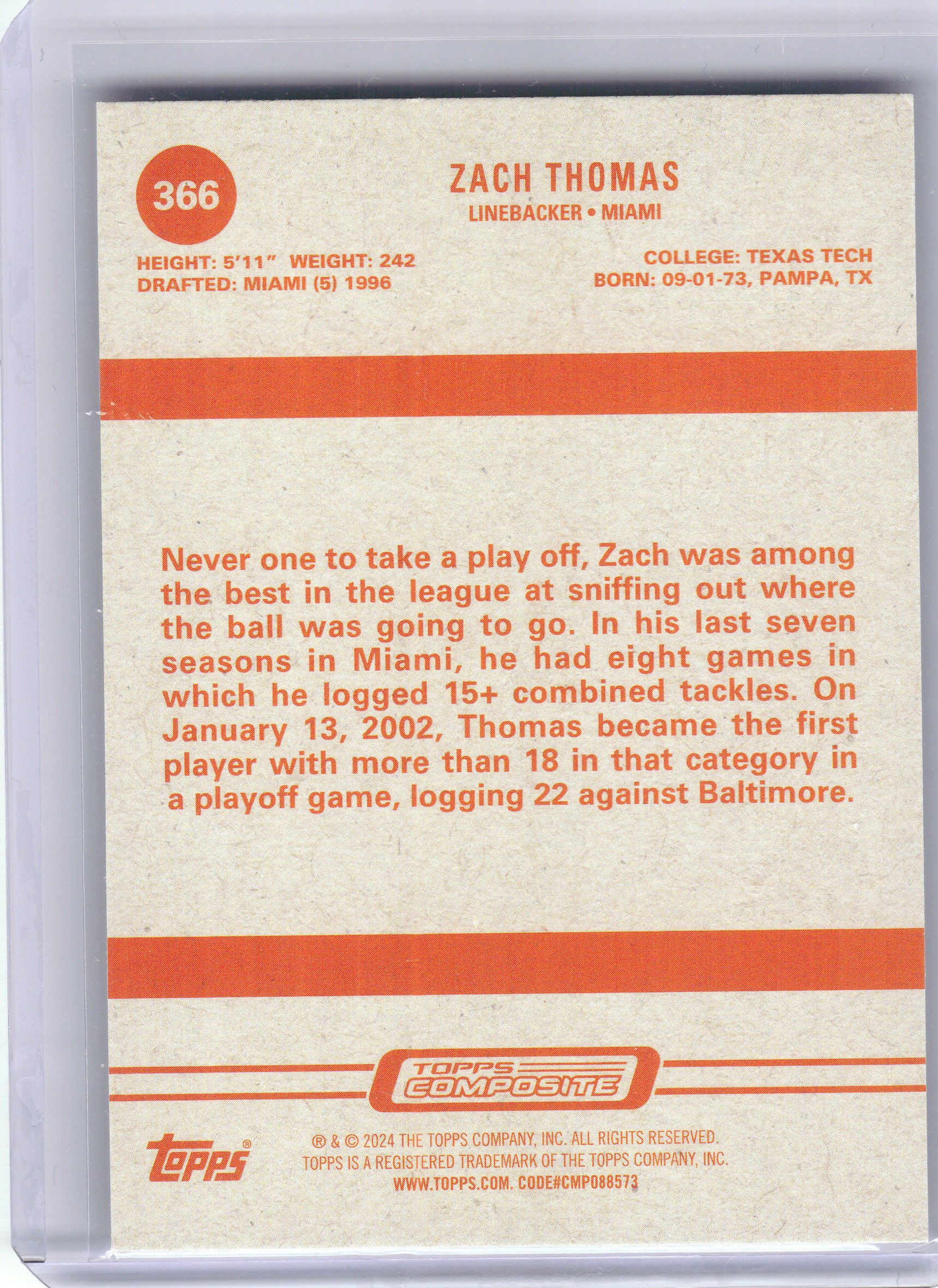 2023 Topps Composite #366 Zach Thomas Miami Dolphins