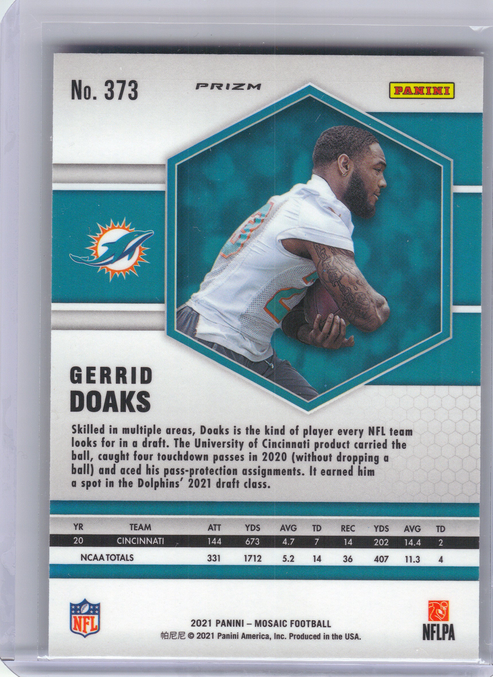 2021 Panini Mosaic #373 Gerrid Doaks Prizm Reactive Yellow Miami Dolphins RC