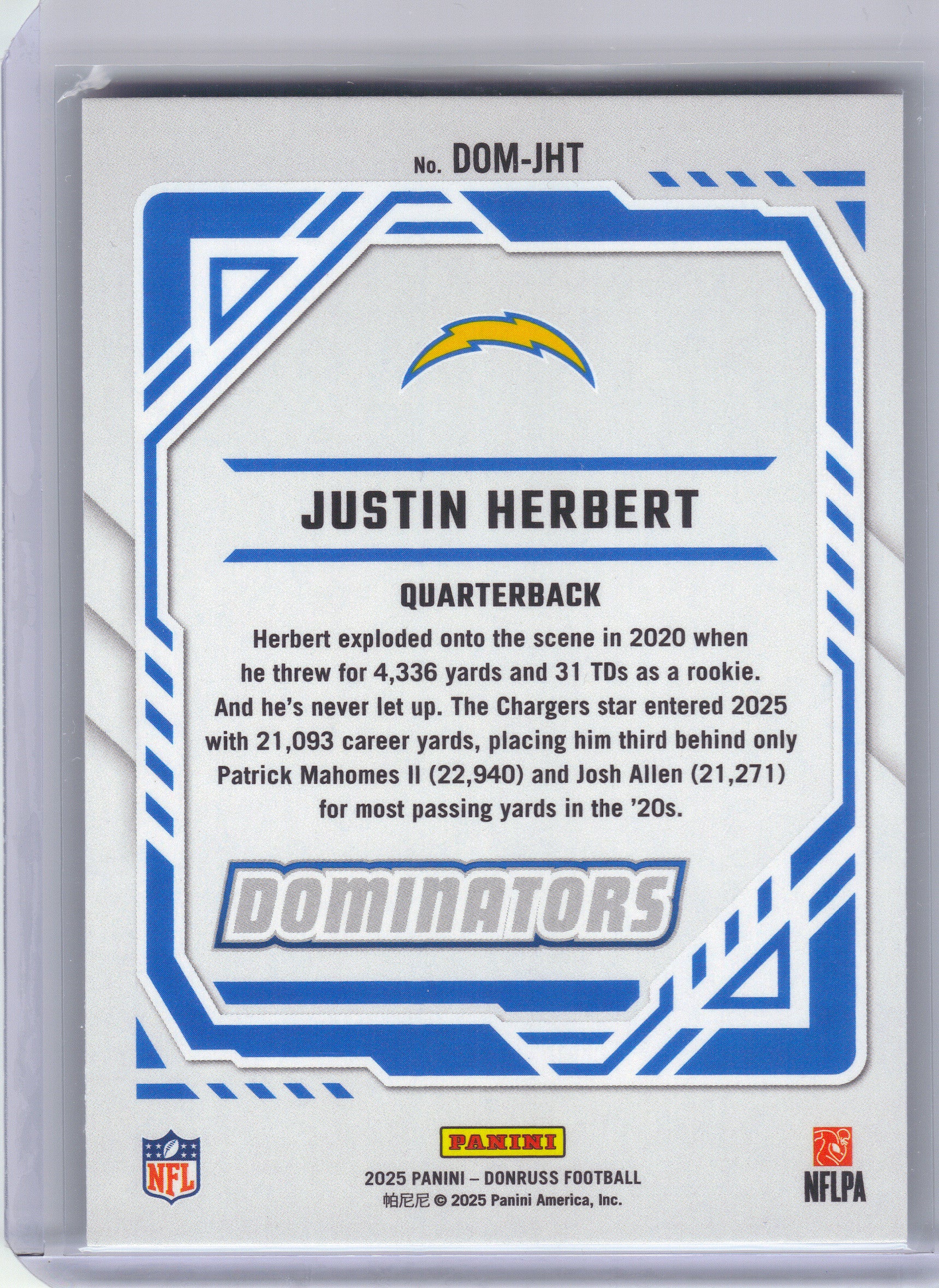 2025 Donruss #DOM-JHT Justin Herbert Dominators Los Angeles Chargers