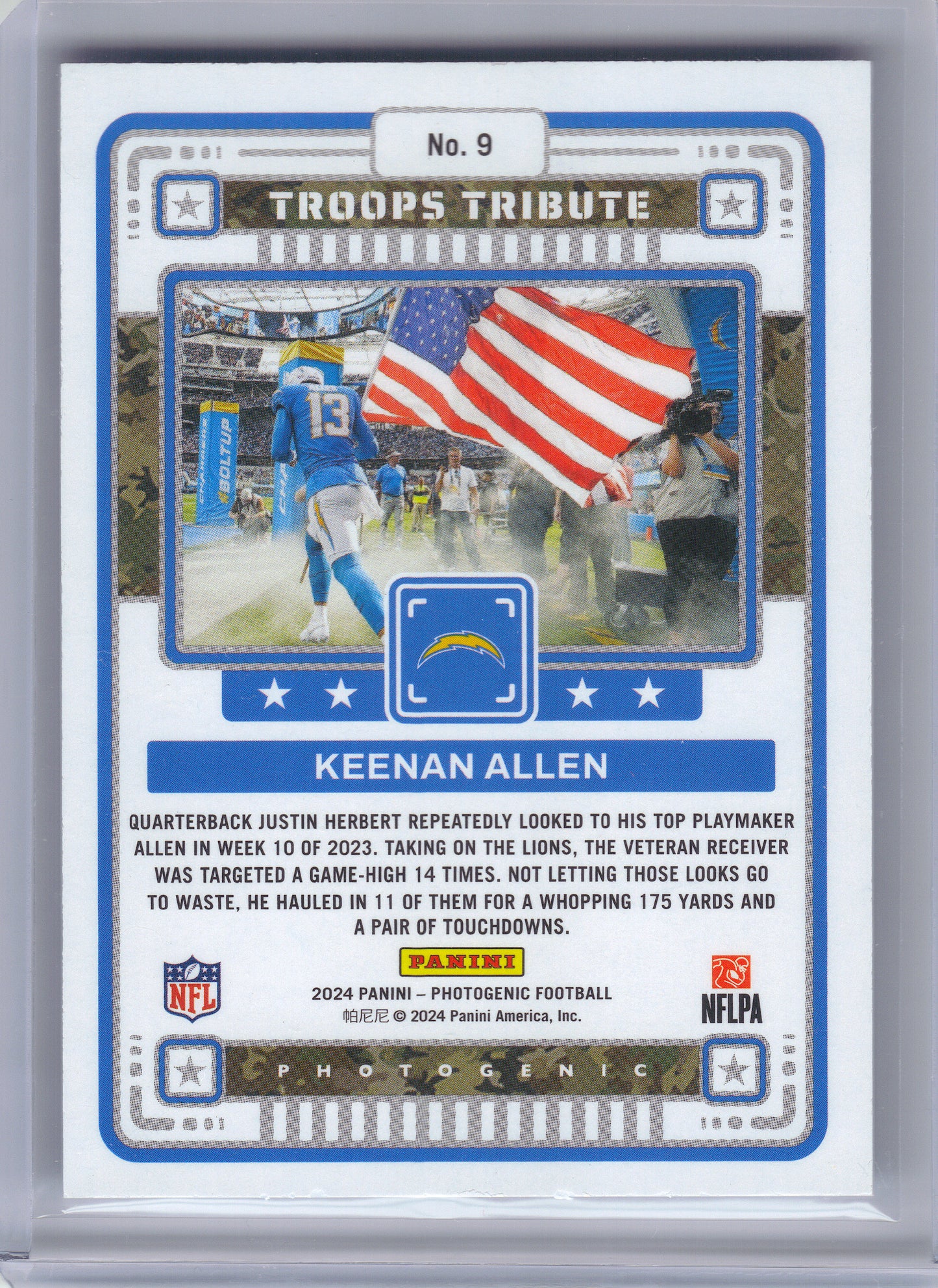 2024 Panini Photogenic #9 Keenan Allen Troops Tribute Blue #/99 Los Angeles Chargers SN