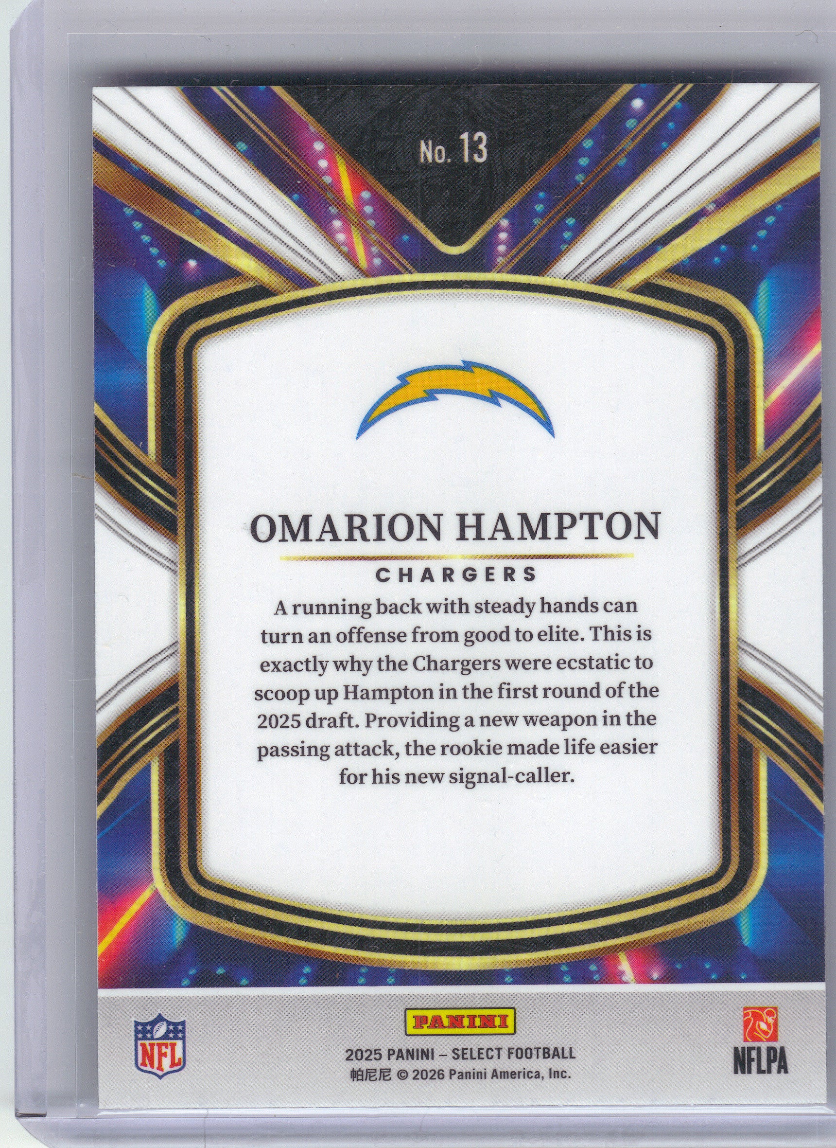 2025 Panini Select #13 Omarion Hampton Select Future Los Angeles Chargers