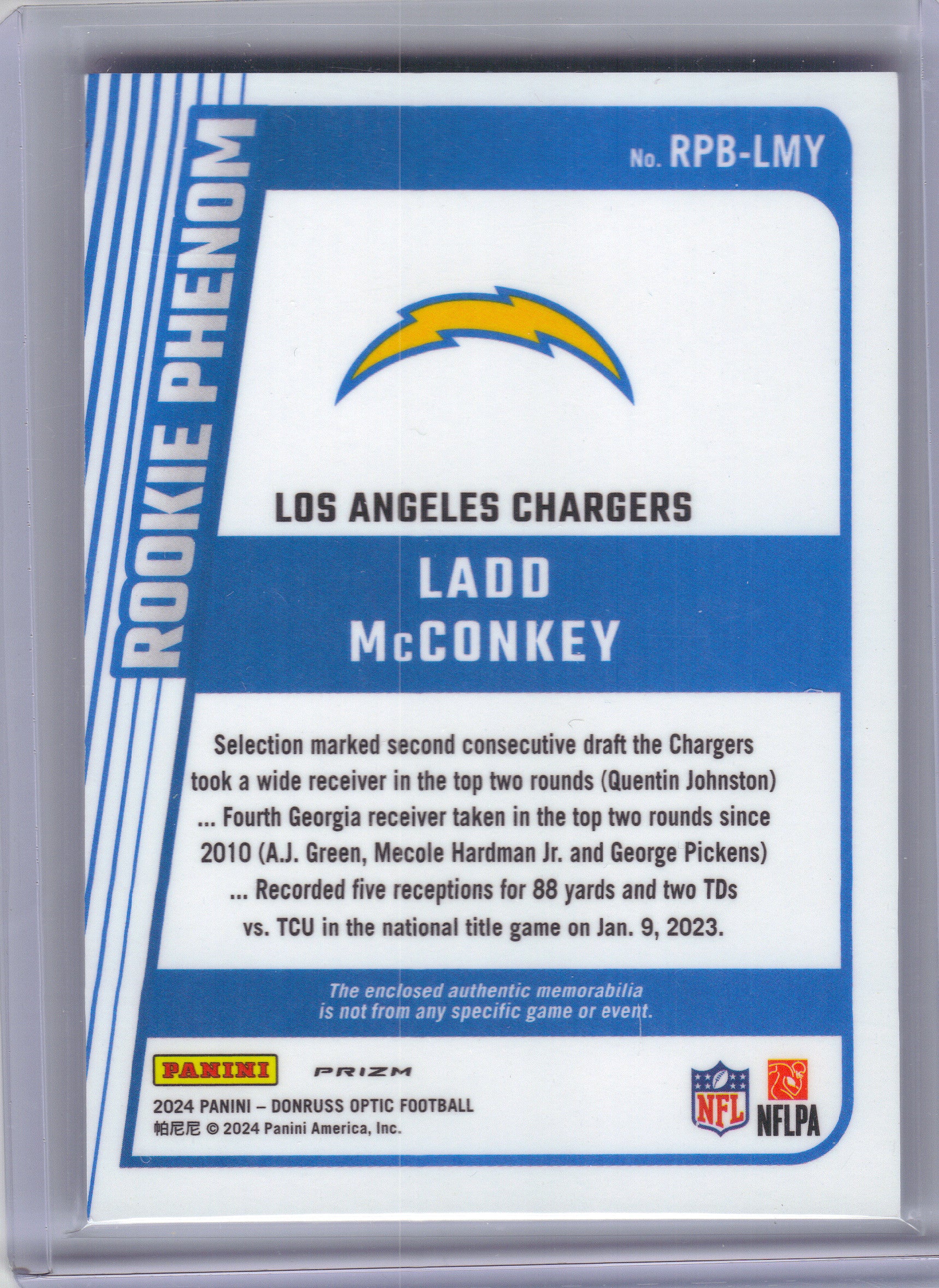 2024 Donruss Optic #RPB-LMY Ladd McConkey Rookie Phenoms Blue Hyper Los Angeles Chargers MEM