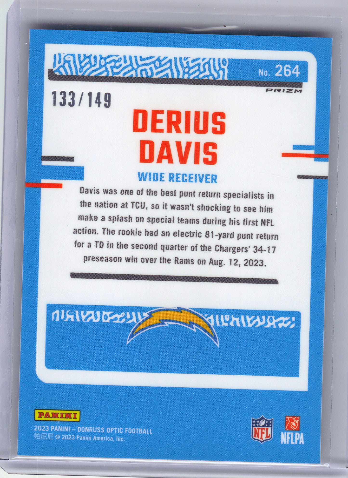 2023 Donruss Optic #264 Derius Davis Flex #/149 Los Angeles Chargers SN,RC