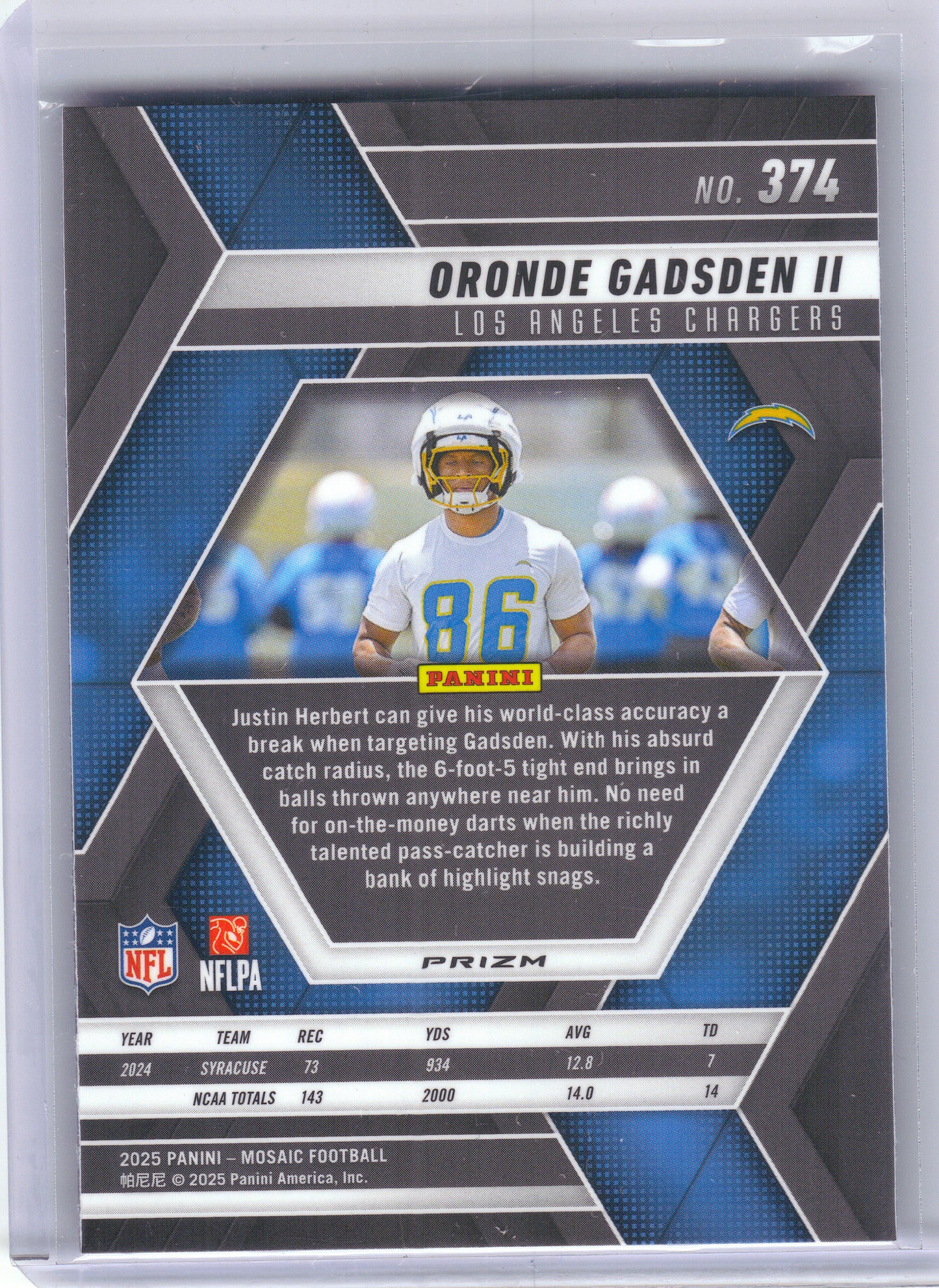 2025 Panini Mosaic #374 Oronde Gadsden II Mosaic Reactive Purple Los Angeles Chargers RC