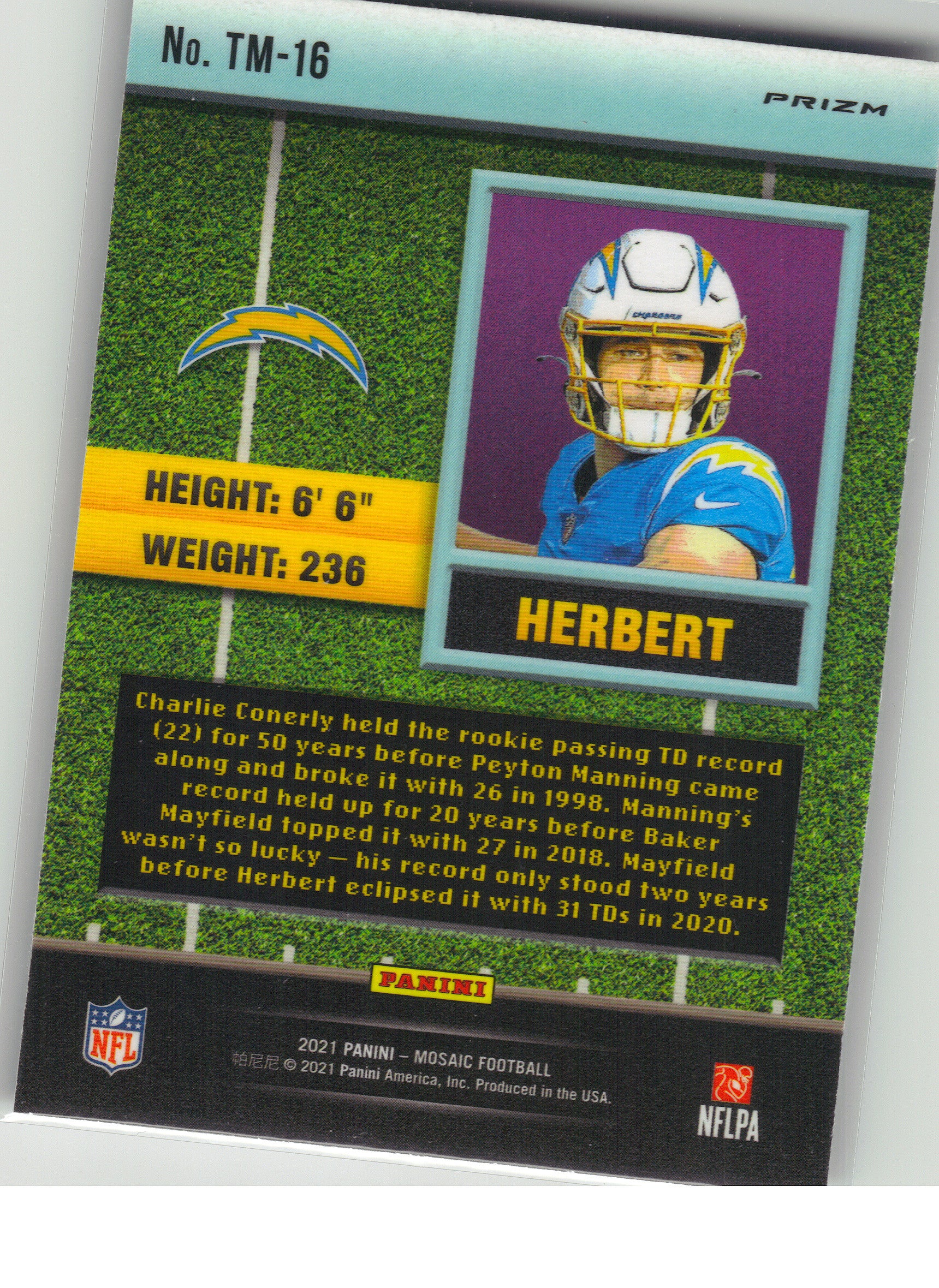 2021 Panini Mosaic #TM-16 Justin Herbert Touchdown Masters Mosaic Red Los Angeles Chargers