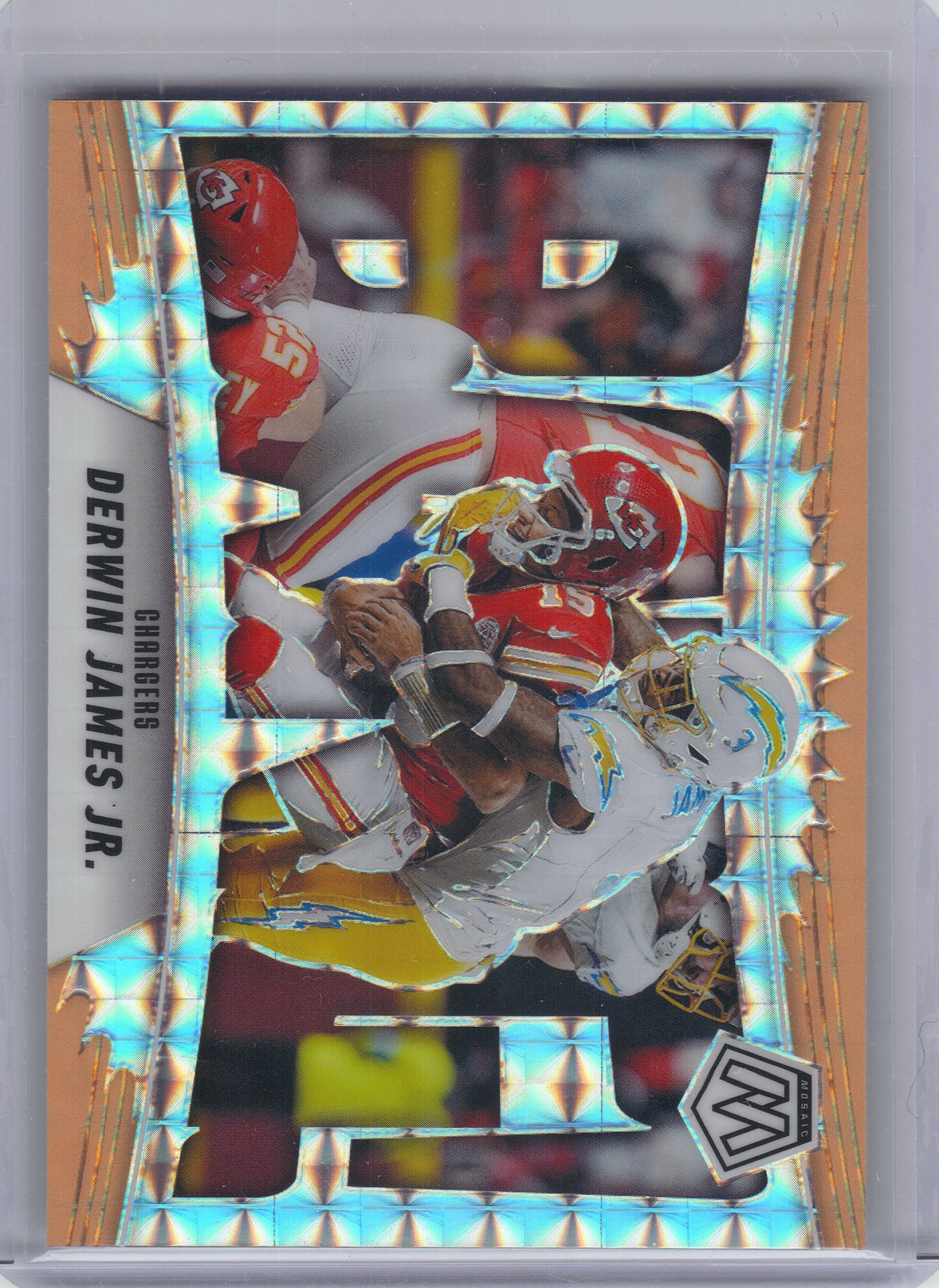 2025 Panini Mosaic #4 Derwin James Jr. Bang! Mosaic Orange Fluorescent Los Angeles Chargers