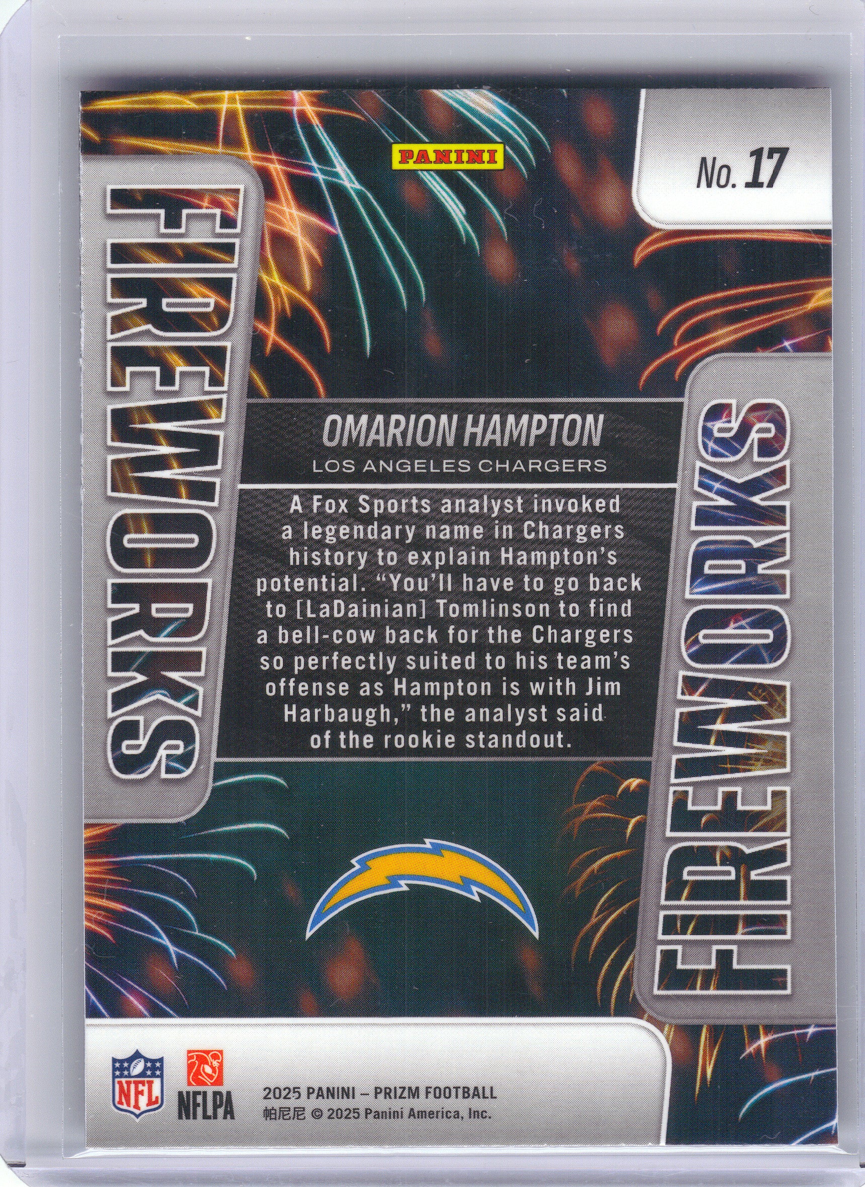 2025 Panini Prizm #17 Omarion Hampton Fireworks Los Angeles Chargers