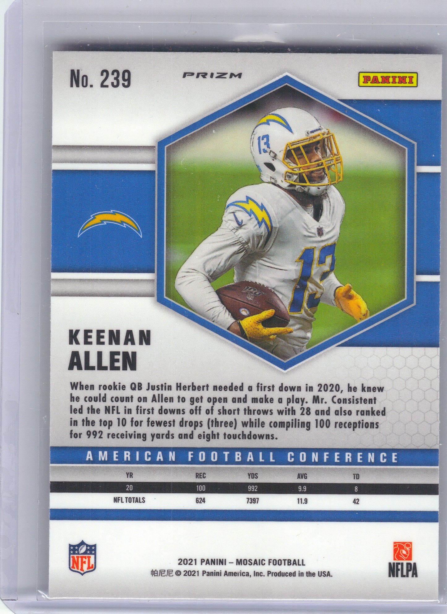 2021 Panini Mosaic #239 Keenan Allen Prizm Reactive Yellow Los Angeles Chargers