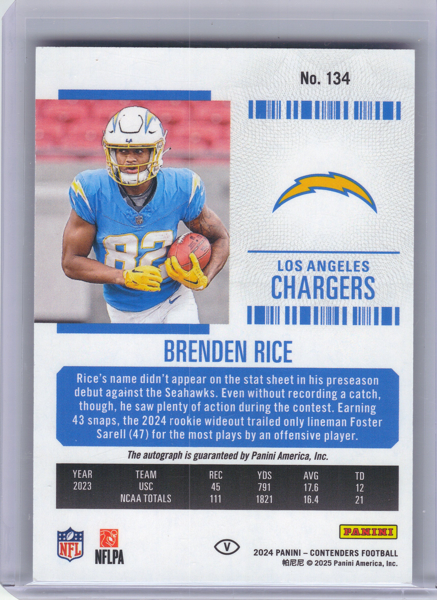 2024 Panini Contenders #134 Brenden Rice Week 18 Ticket #/18 Los Angeles Chargers SN,RC,AU