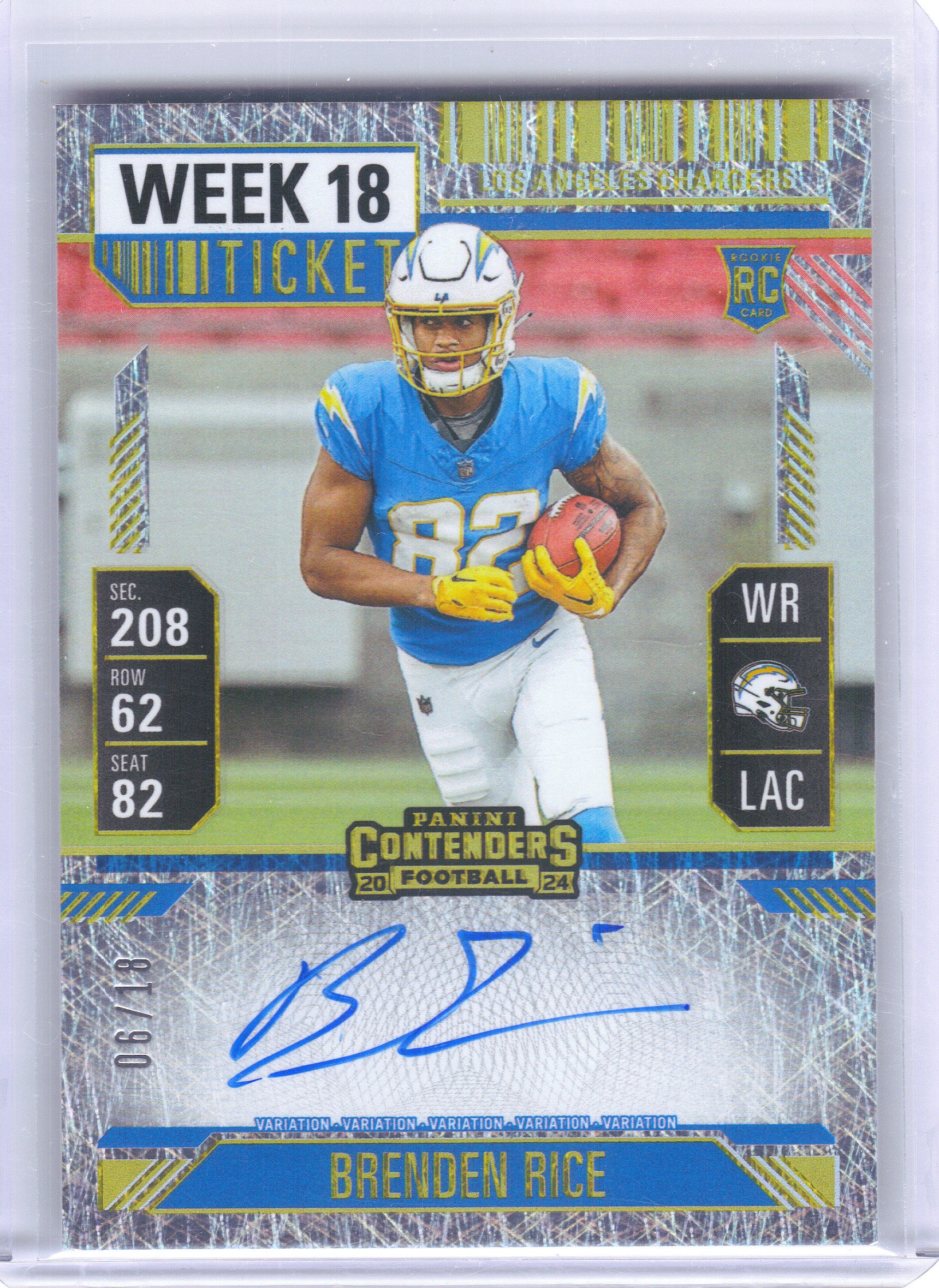 2024 Panini Contenders #134 Brenden Rice Week 18 Ticket #/18 Los Angeles Chargers SN,RC,AU