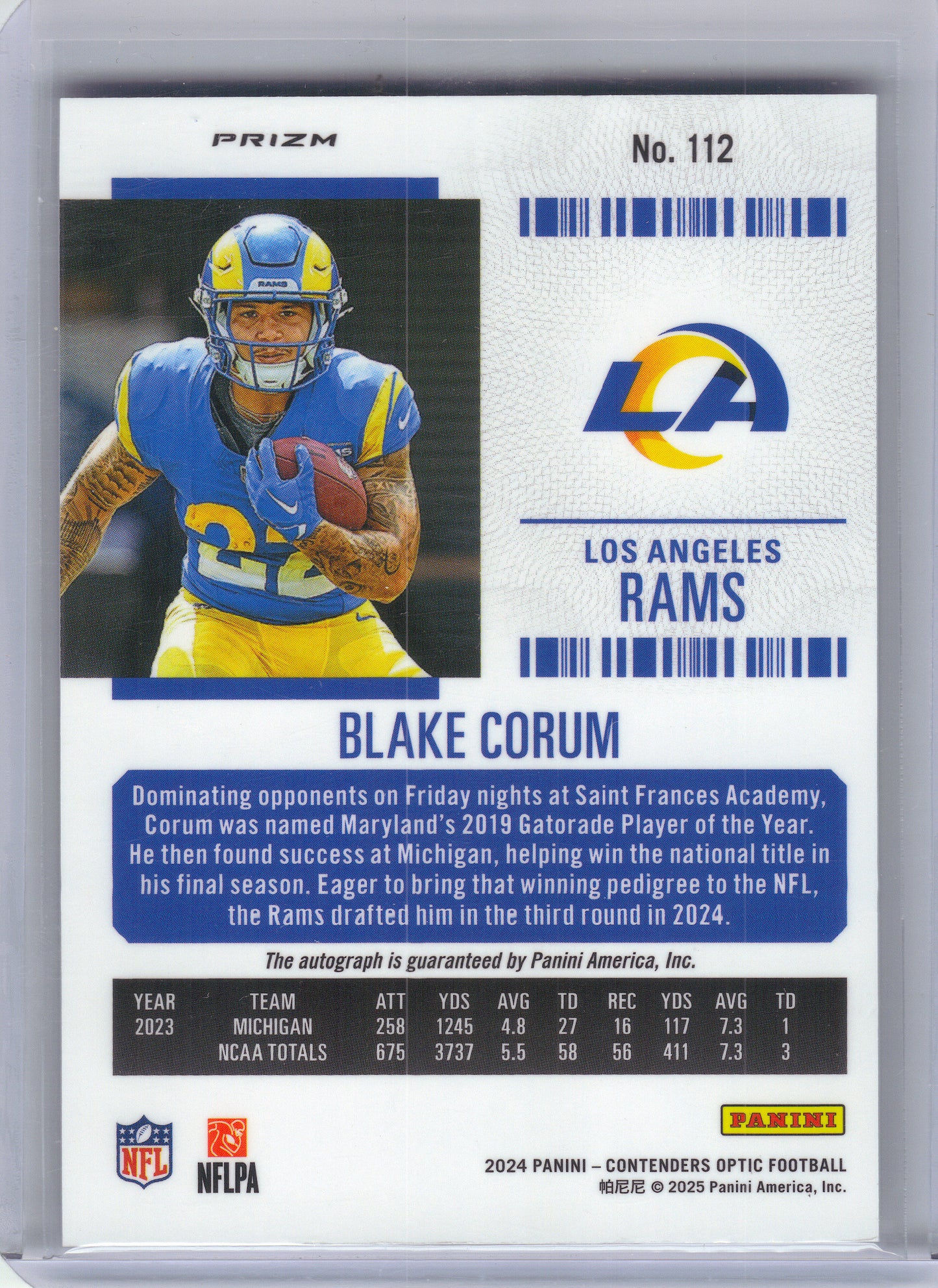 2024 Panini Contenders Optic #112 Blake Corum Los Angeles Rams RC,AU