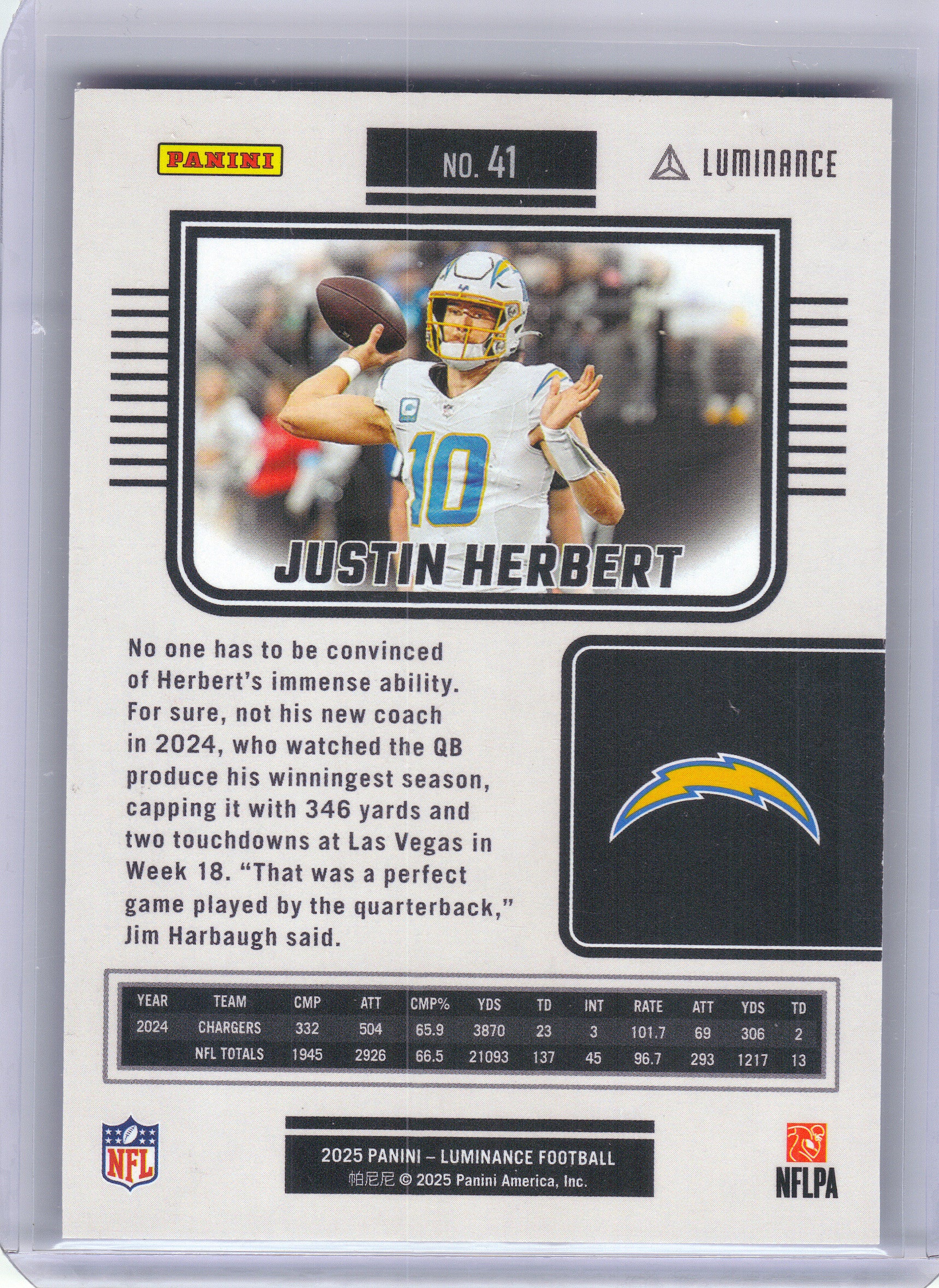 2025 Panini Luminance #41 Justin Herbert Blue #/199 Los Angeles Chargers SN
