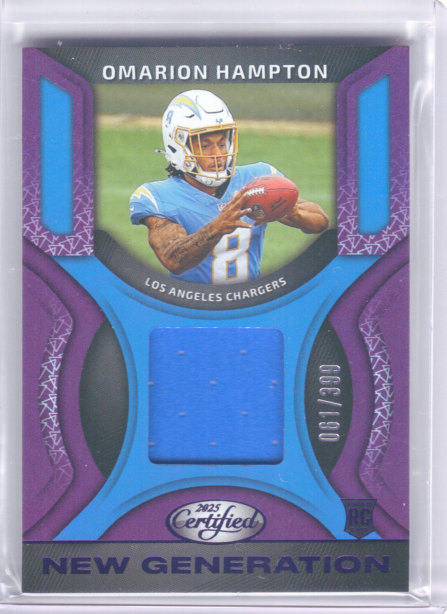 2025 Panini Certified #NGJ-OHN Omarion Hampton New Generation Jerseys Mirror Purple #/399 Los Angeles Chargers SN,MEM