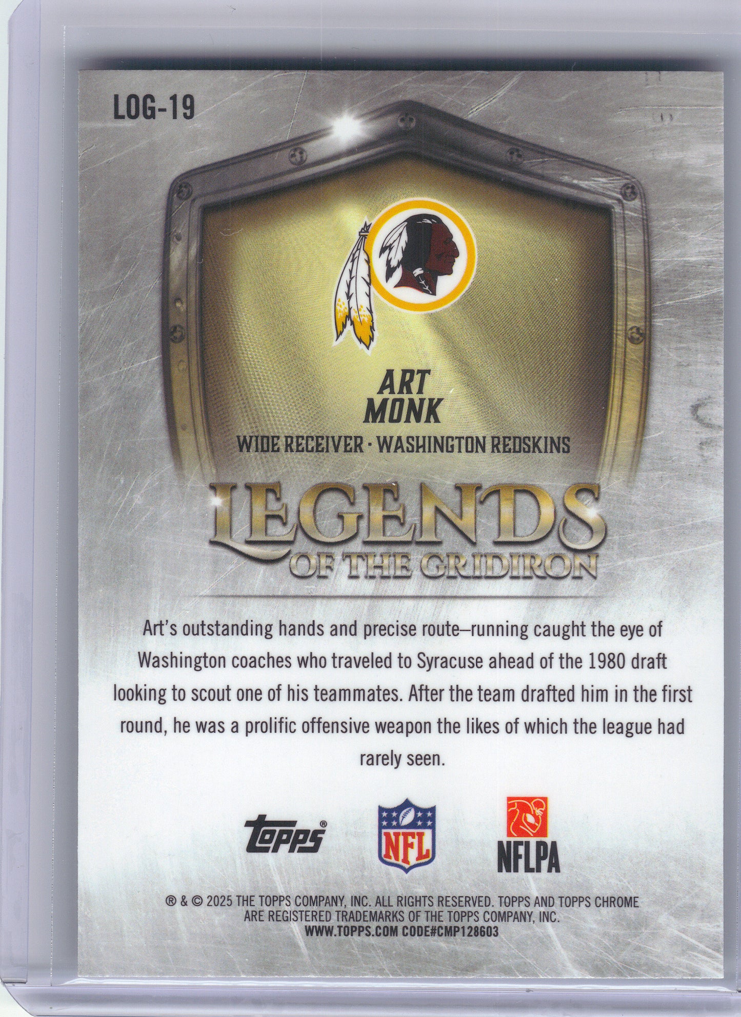 2025 Topps Chrome #LOG-19 Art Monk Legends of the Gridiron Green Refractor #/99 Washington Redskins SN