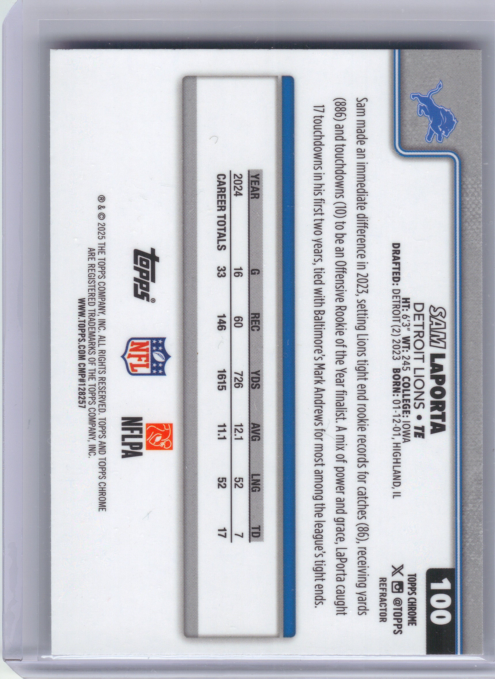 2025 Topps Chrome #100 Sam LaPorta Refractor Detroit Lions