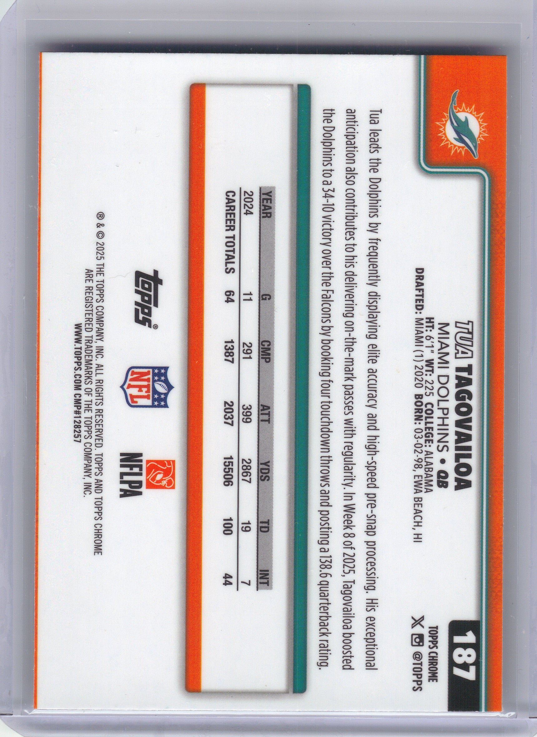 2025 Topps Chrome #187 Tua Tagovailoa Pulsar Refractor Miami Dolphins