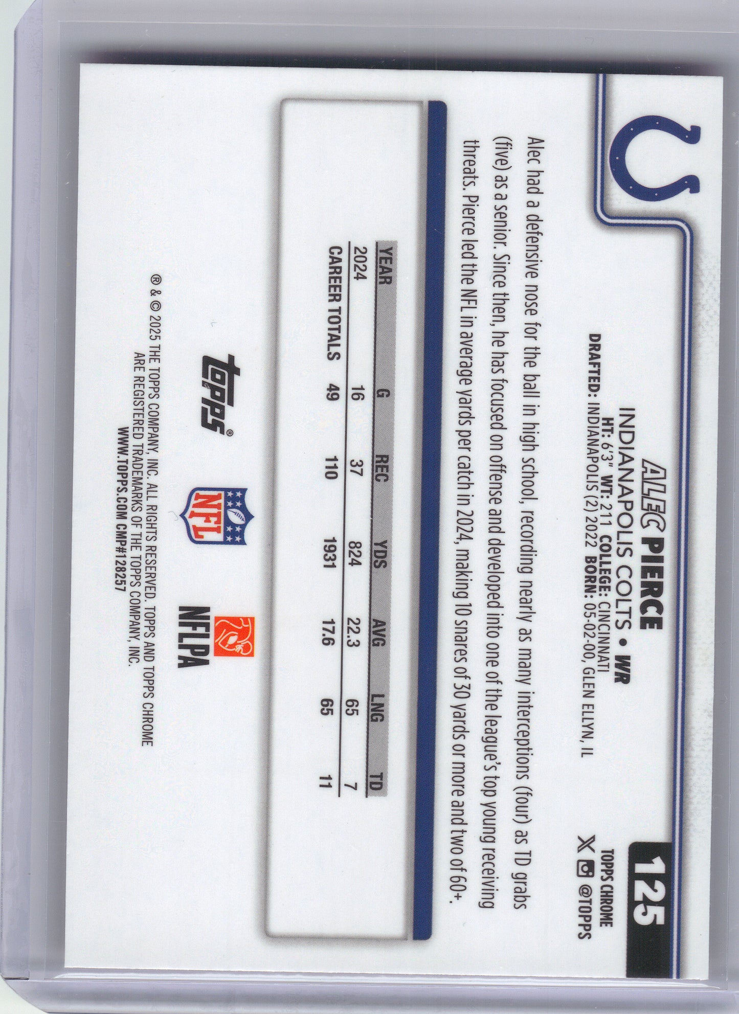 2025 Topps Chrome #125 Alec Pierce Hot Pink X-Fractor Indianapolis Colts