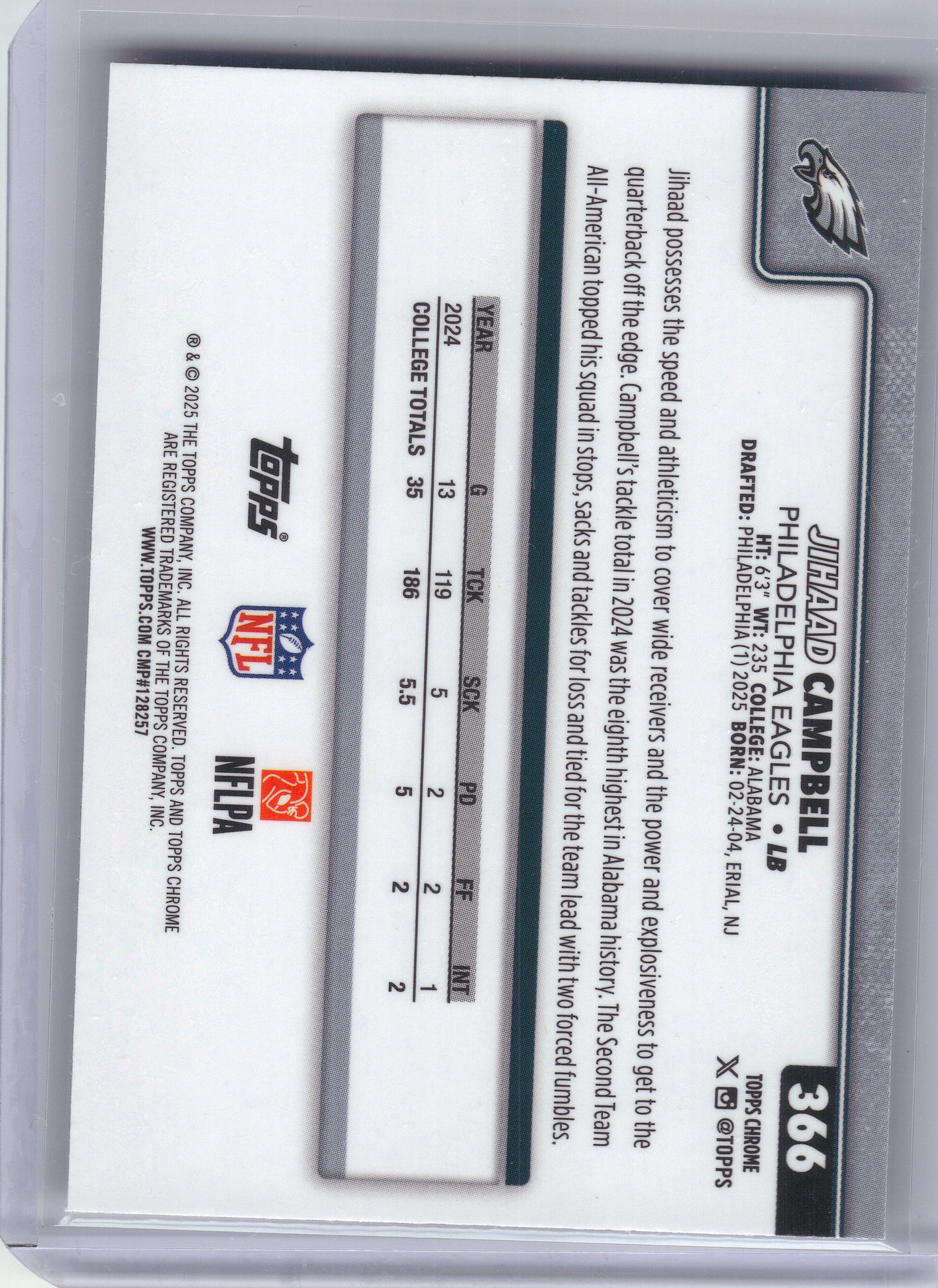 2025 Topps Chrome #366 Jihaad Campbell Philadelphia Eagles RC