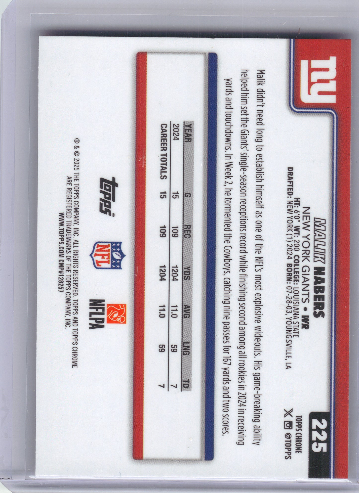 2025 Topps Chrome #225 Malik Nabers Hot Pink X-Fractor New York Giants