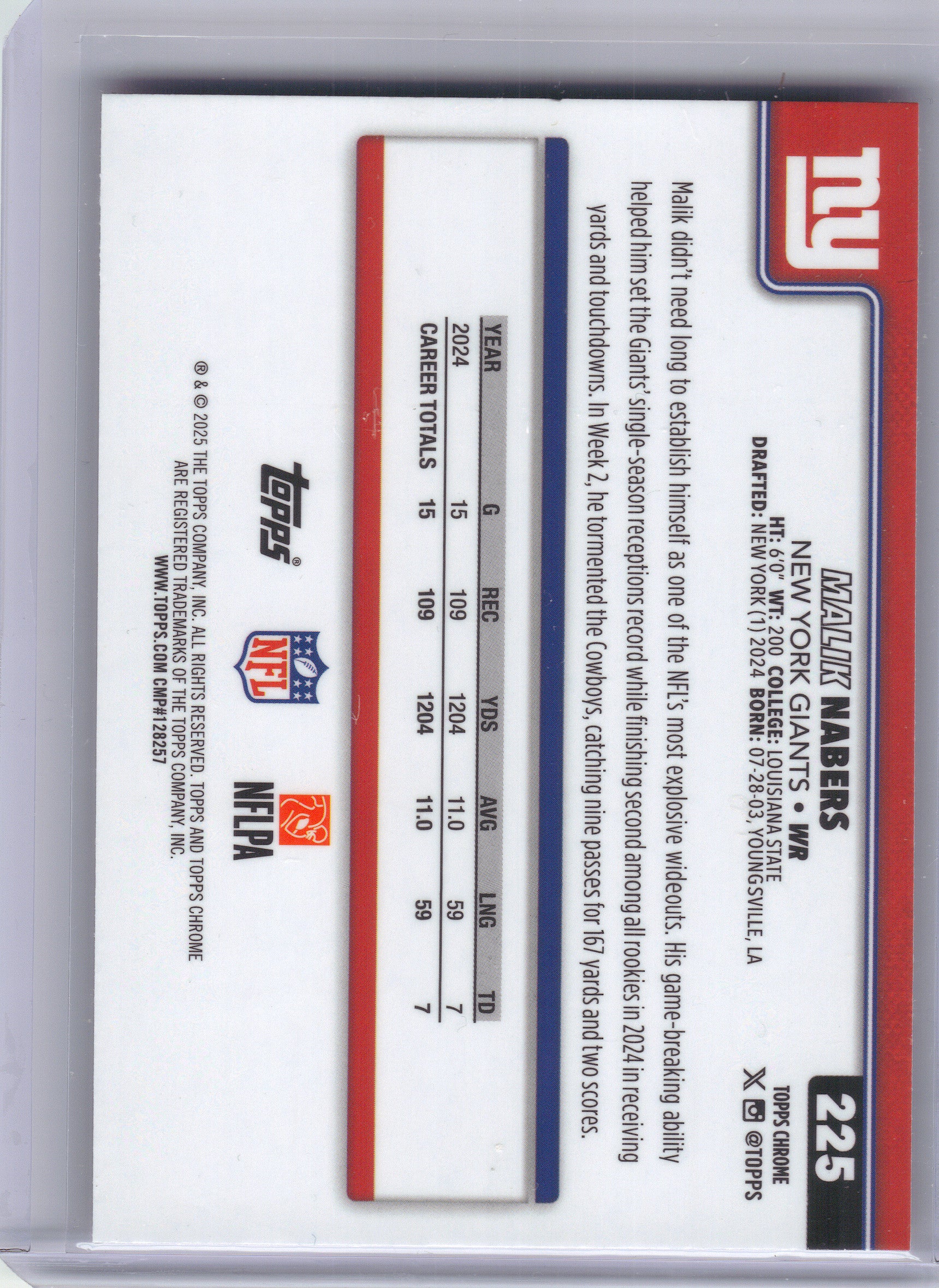 2025 Topps Chrome #225 Malik Nabers Hot Pink X-Fractor New York Giants