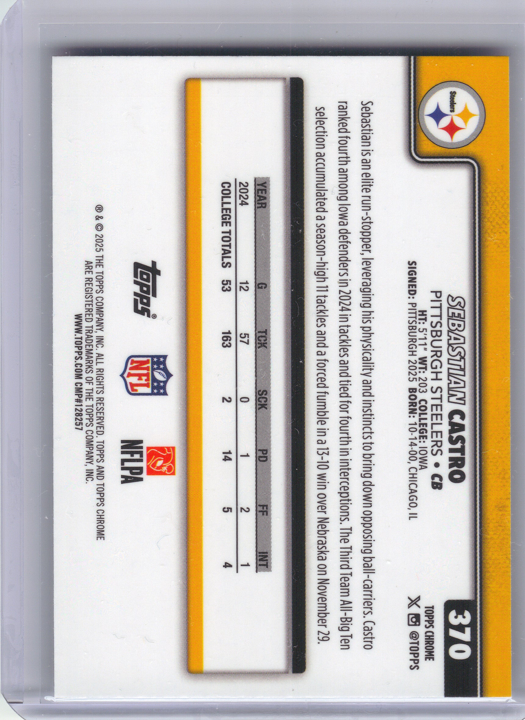 2025 Topps Chrome #370 Sebastian Castro X-Fractor Pittsburgh Steelers RC