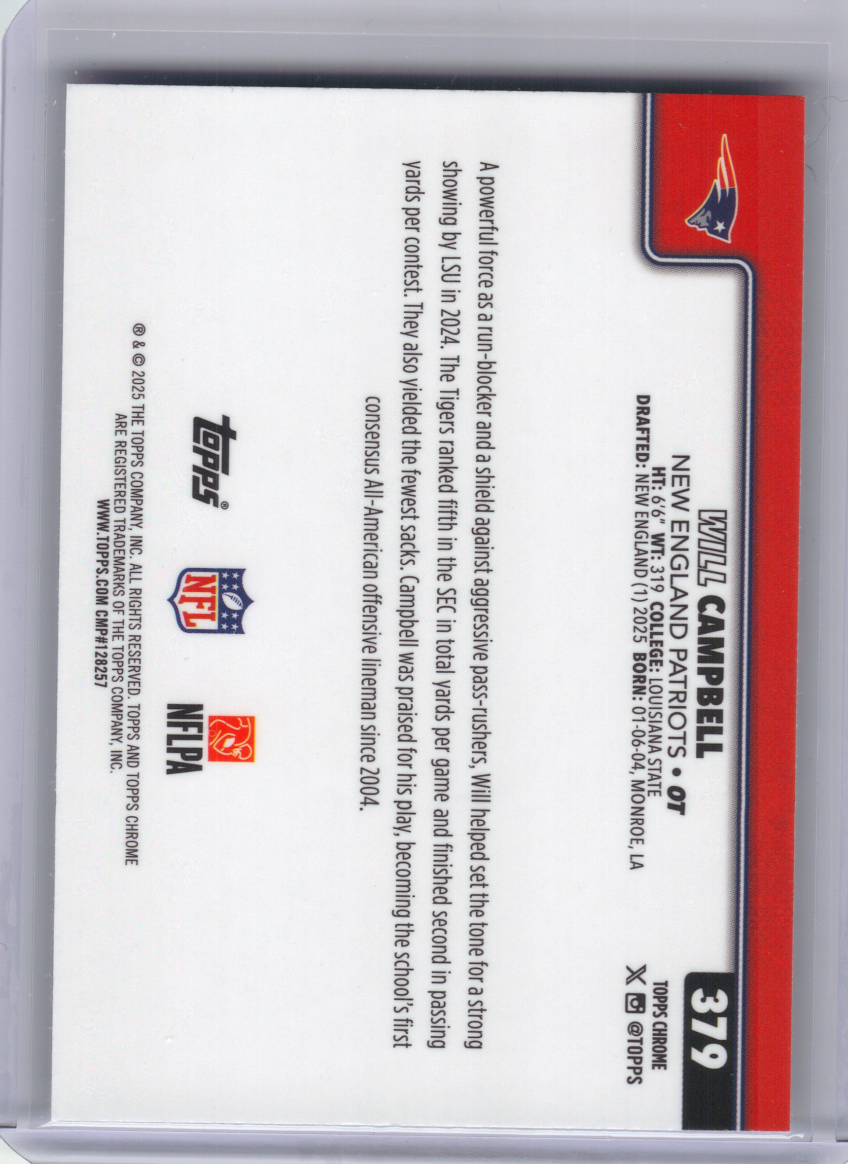 2025 Topps Chrome #379 Will Campbell X-Fractor New England Patriots RC