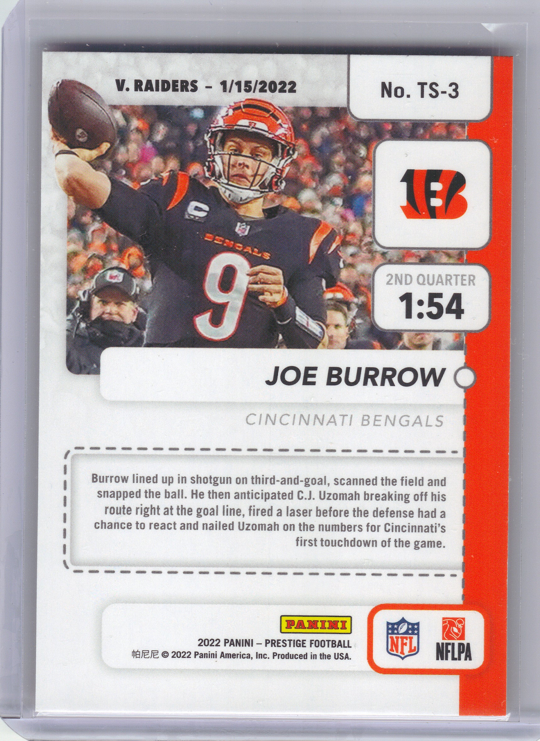 2022 Panini Prestige #TS-3 Joe Burrow Time Stamped Cincinnati Bengals