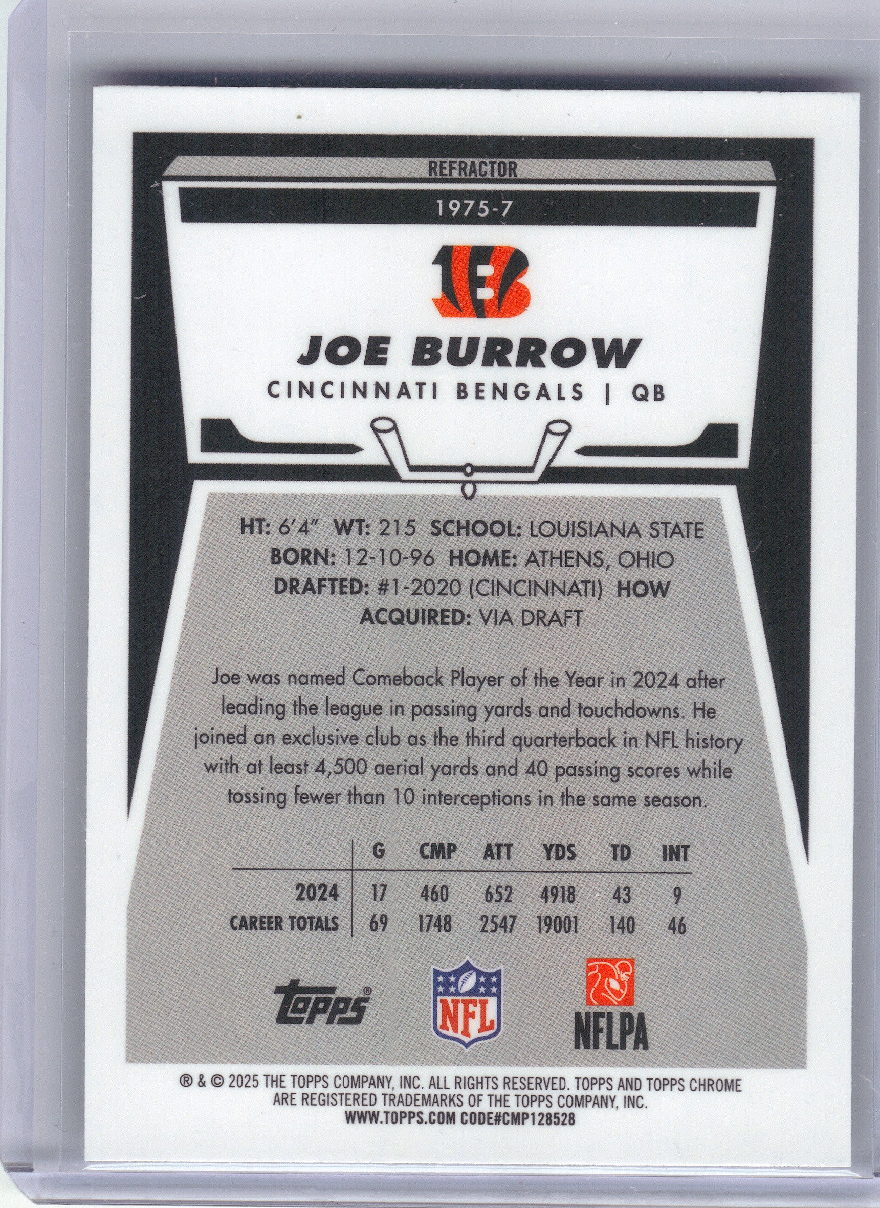 2025 Topps Chrome #1975-7 Joe Burrow 1975 Topps Refractor Cincinnati Bengals