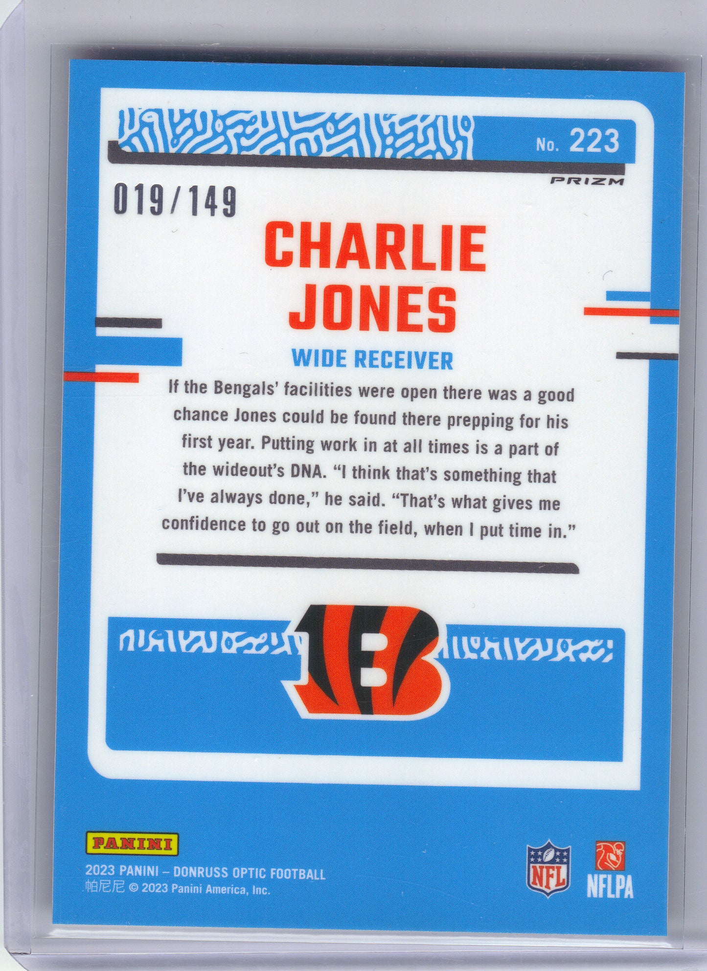 2023 Donruss Optic #223 Charlie Jones Flex #/149 Cincinnati Bengals SN,RC