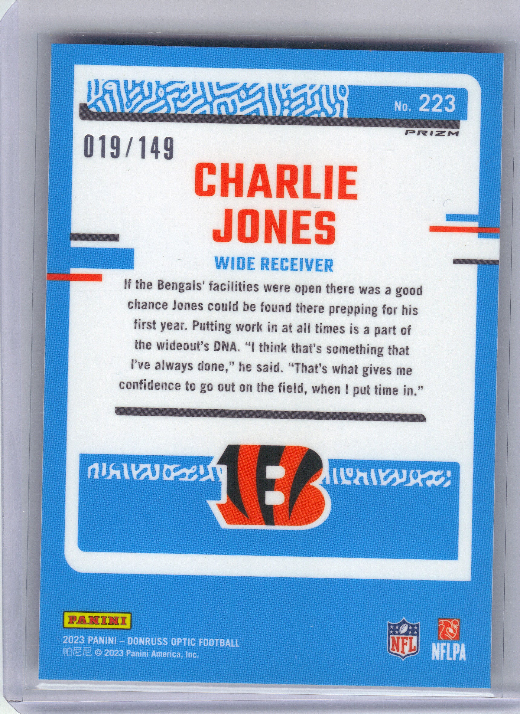 2023 Donruss Optic #223 Charlie Jones Flex #/149 Cincinnati Bengals SN,RC
