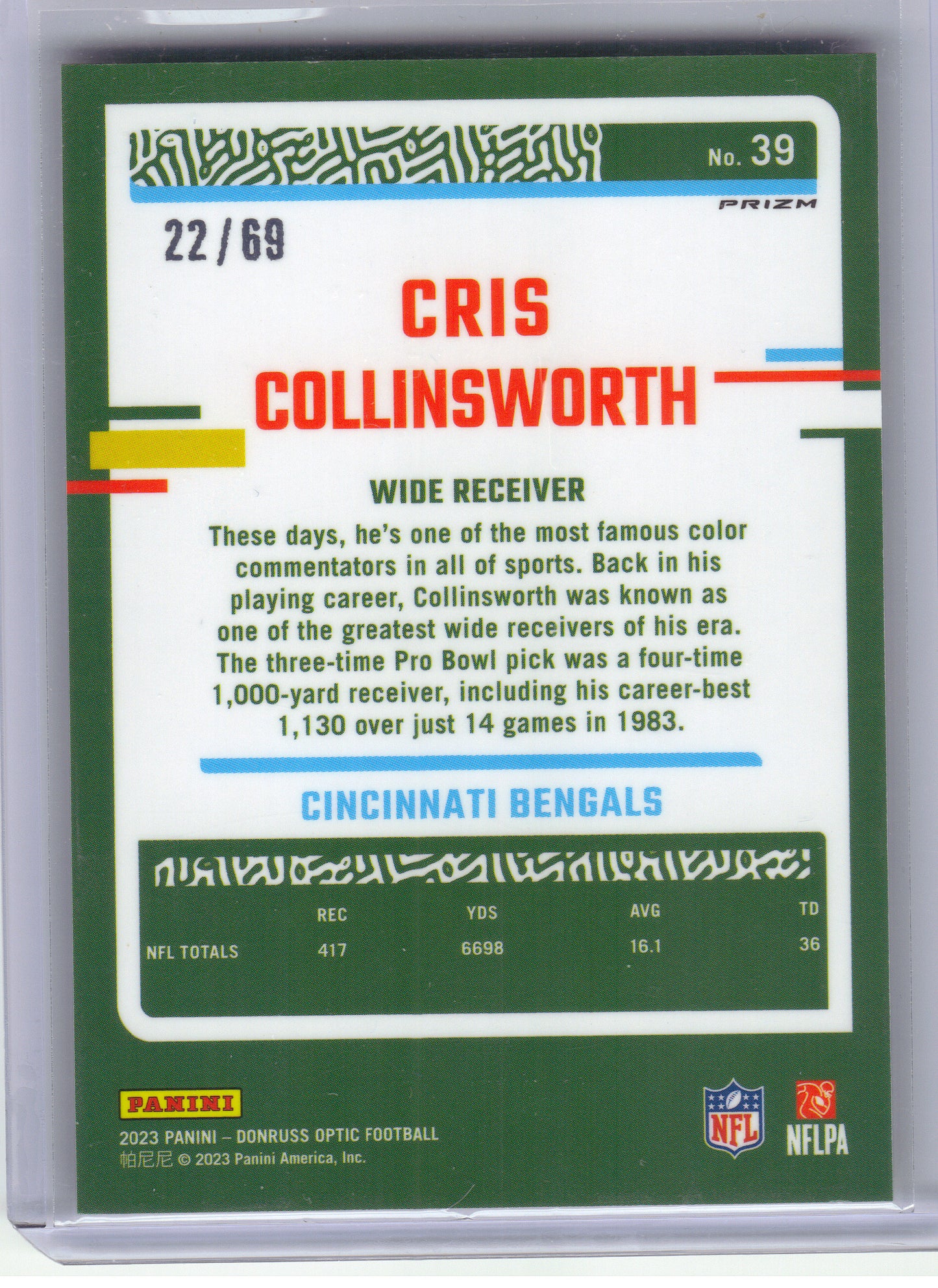 2023 Donruss Optic #39 Cris Collinsworth Electricity #/69 Cincinnati Bengals SN